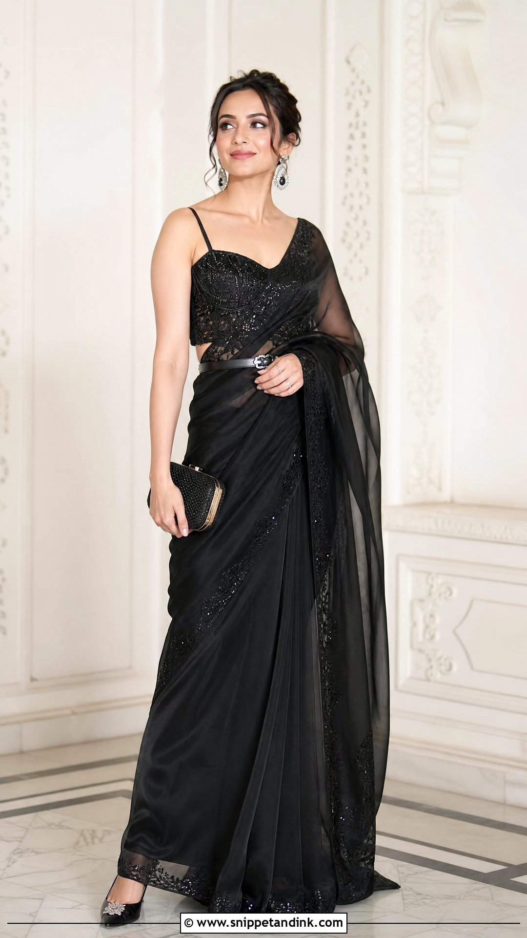 Black Organza Saree For Sangeet - Snippet and Ink - 25 Black Sangeet Outfit Ideas