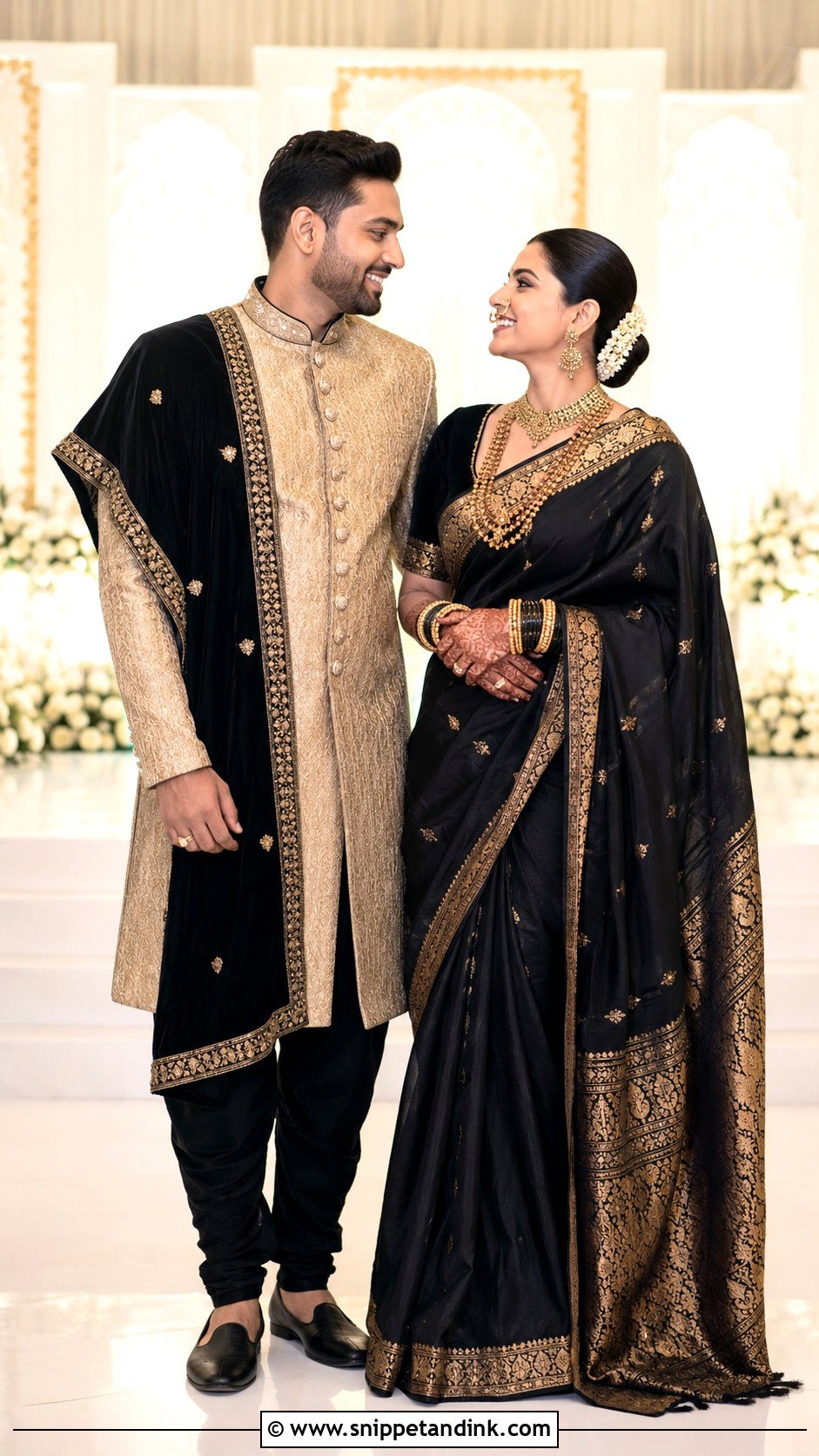 Black Paithani And Gold Peshwai Reception Look - Snippet and Ink - 25 Peshwai Look for Wedding Couple Ideas