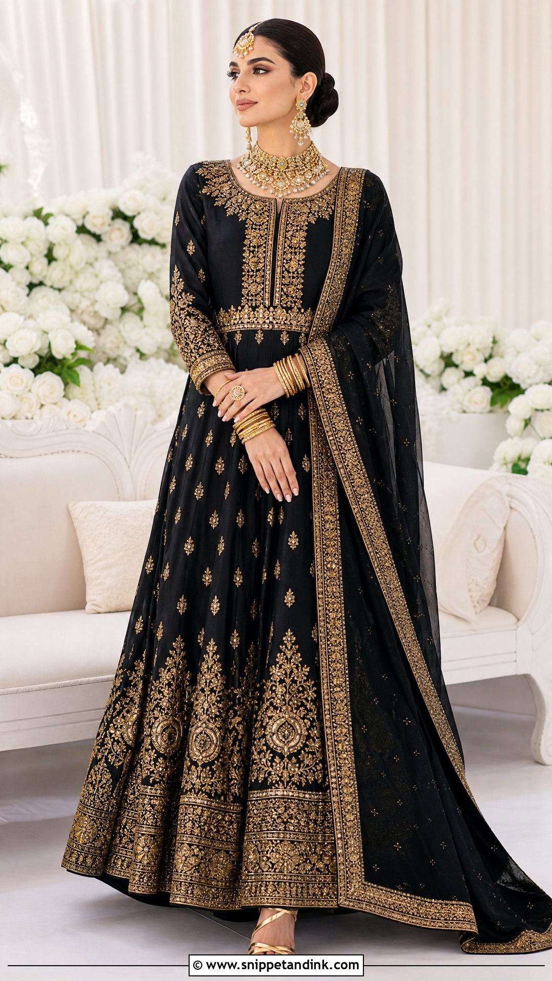 Black Pakistani Bridal Gown With Gold Embroidery - Snippet and Ink - 20 Pakistani Bridal Gown Ideas