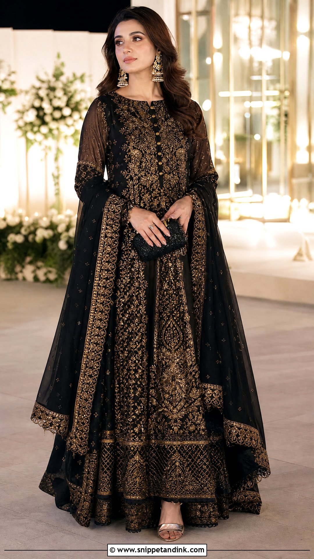 Black Pakistani Maxi With Gold Embroidery - Snippet and Ink - 20 Pakistani Maxi Designs for Wedding