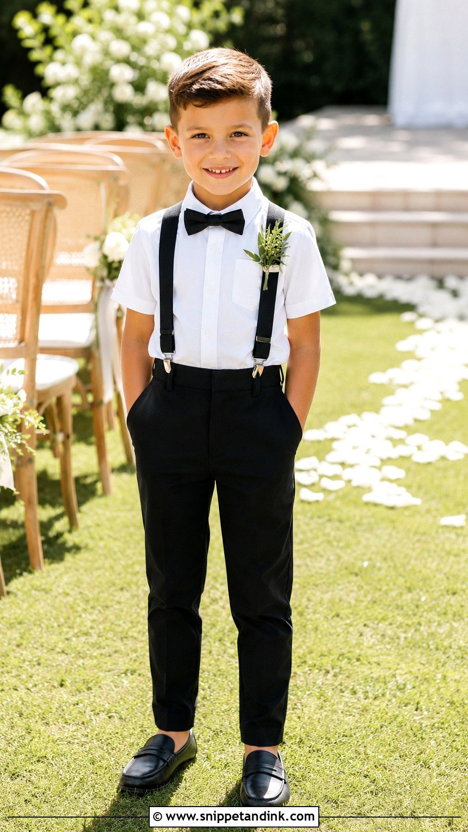 Black Pants And Short Sleeve Shirt Ring Bearer Outfit - Snippet and Ink - 20 Black Ring Bearer Outfit Ideas