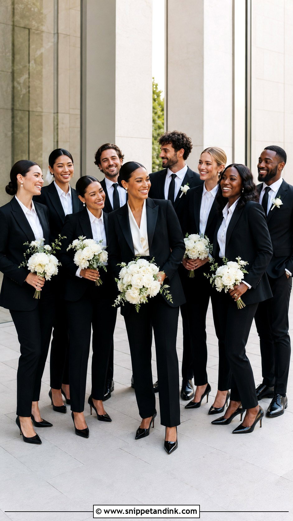 Black Pantsuits And White Dress Shirts - Snippet and Ink - 20 Black and White Wedding Party Attire Ideas