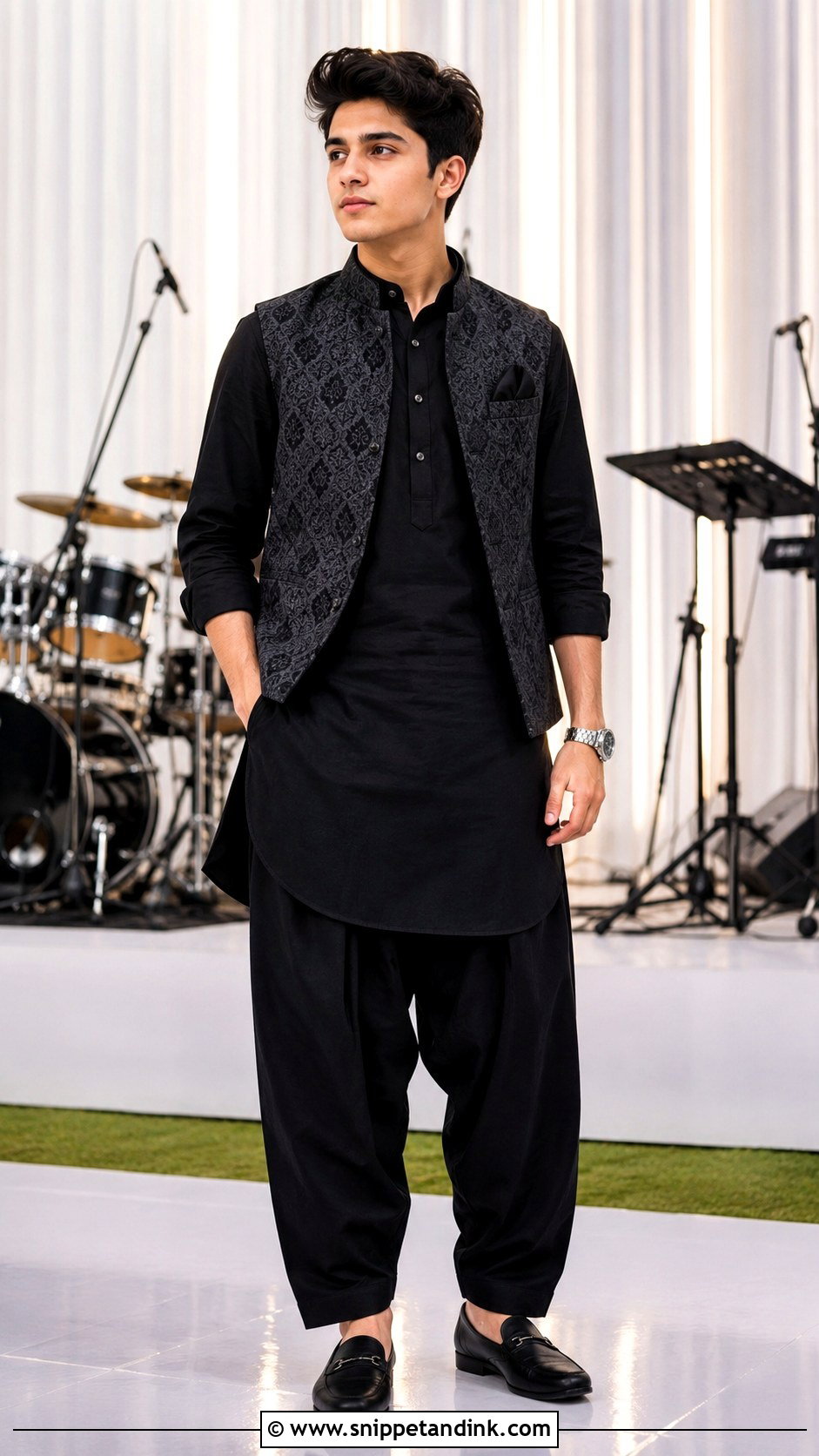 Black Pathani Suit With Mojaris - Snippet and Ink - 20 Boys Sangeet Outfit Ideas