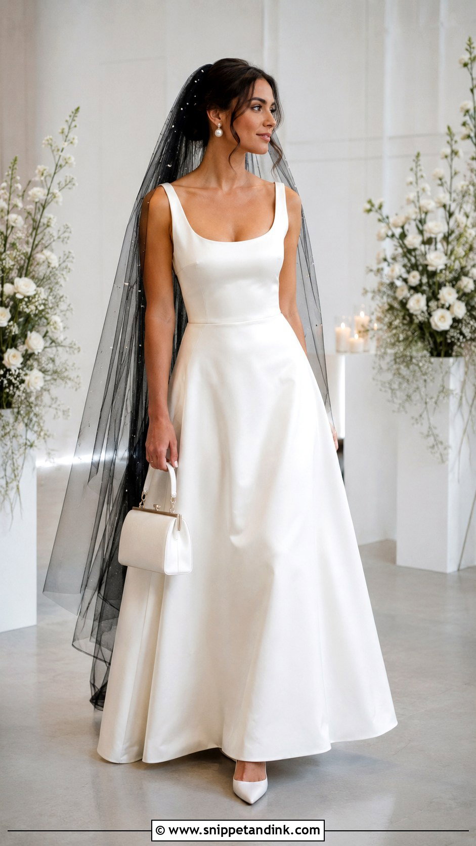 Black Pearl Veil With Simple A Line Gown - Snippet and Ink - 20 Black Vail Bride Ideas