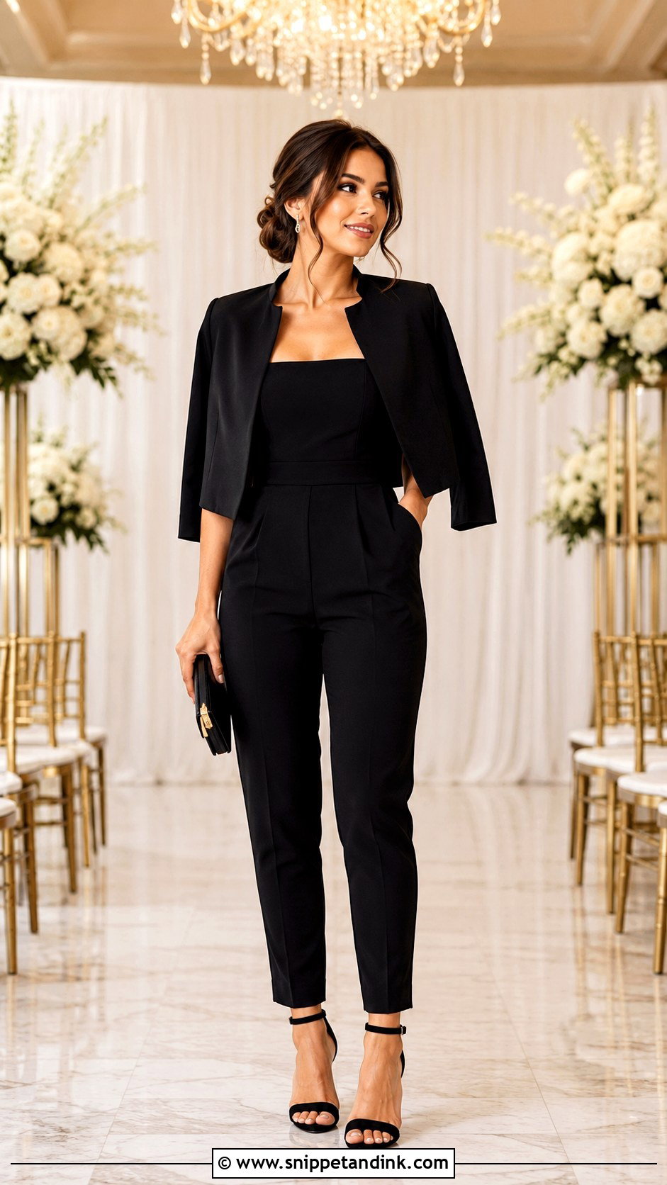 Black Petite Jumpsuit With Ankle Strap Heels - Snippet and Ink - 20 Black Jumpsuit Wedding Ideas