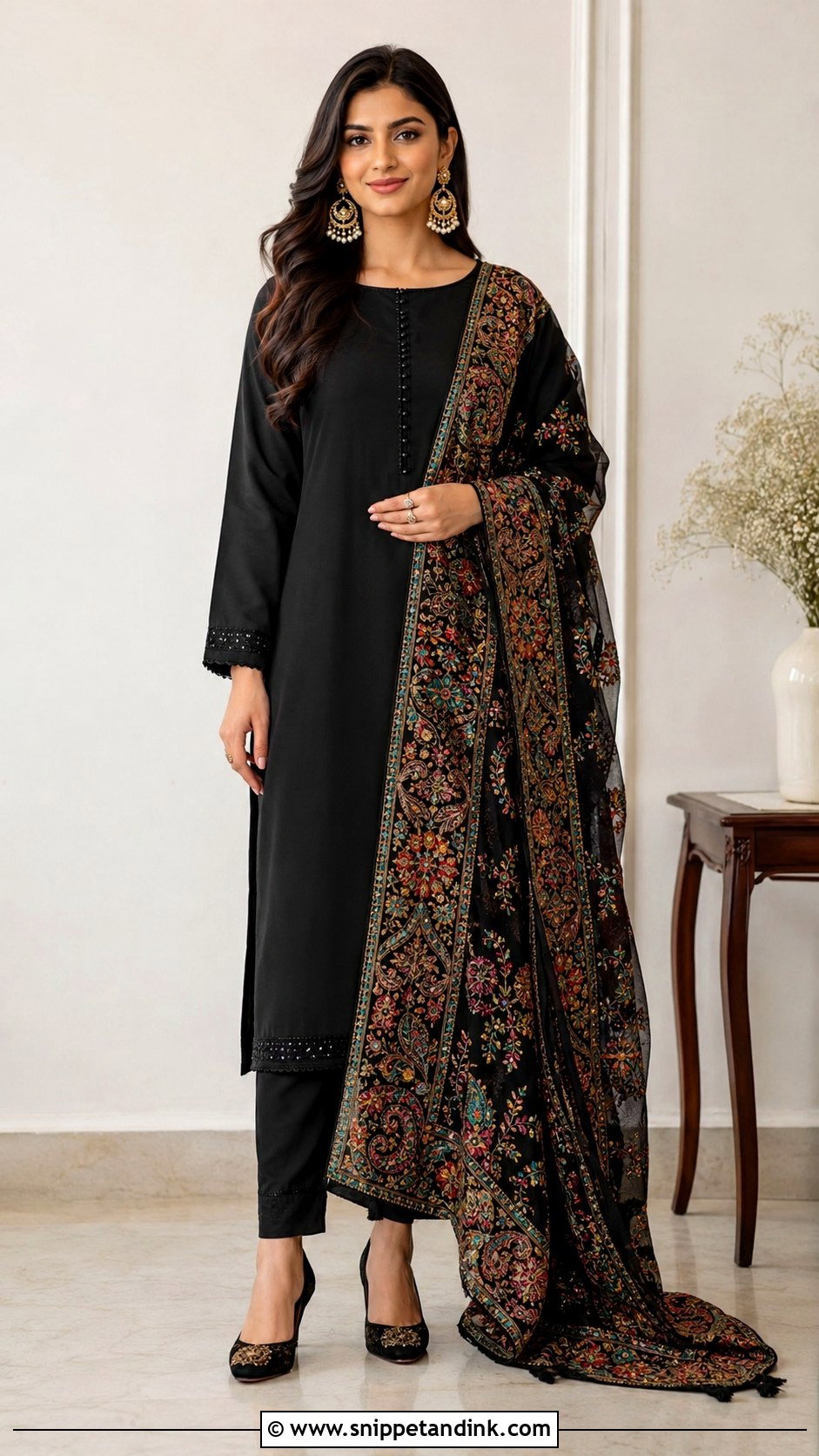 Black Plain Suit With Heavy Embroidered Dupatta - Snippet and Ink - 30 Plain Suit with Heavy Dupatta Ideas