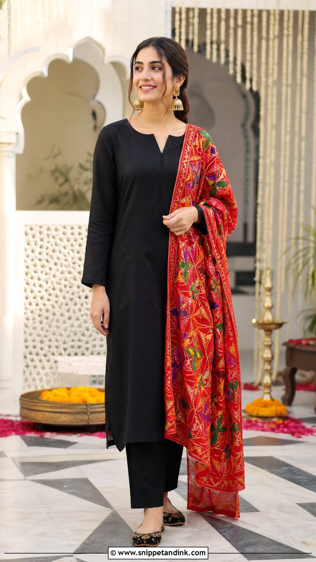 Black Plain Suit With Red Phulkari Dupatta - Snippet and Ink - 20 Plane Suit with Heavy Dupatta Ideas