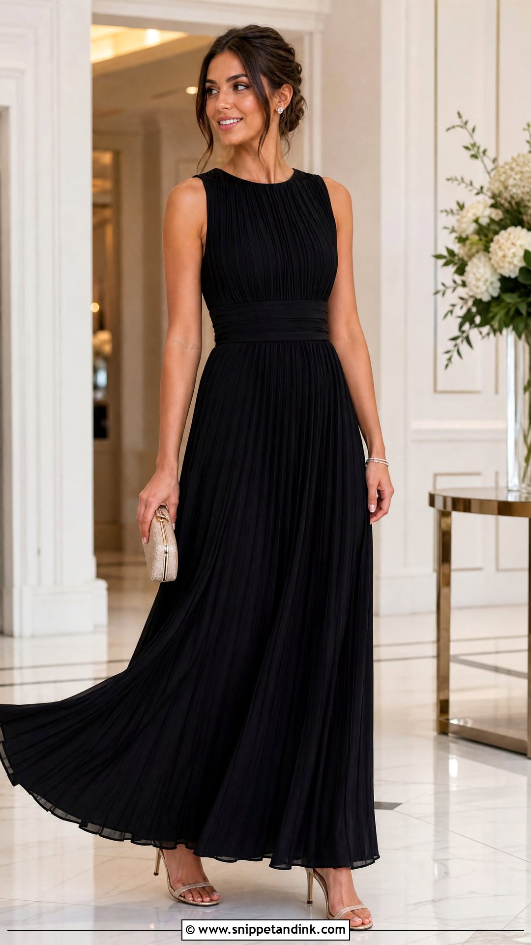 Black Pleated Wedding Party Dress With Champagne Accessories - Snippet and Ink - 20 Wedding Party Black Dresses