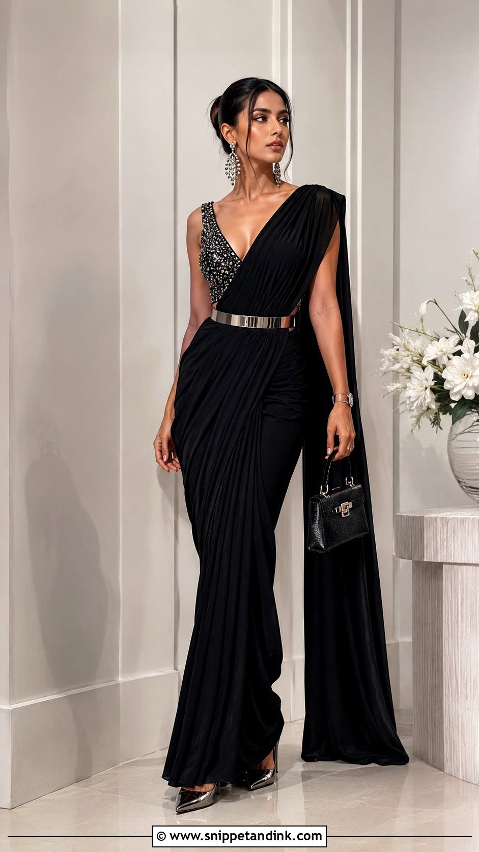 Black Pre Draped Saree - Snippet and Ink - 20 Black Indian Wedding Dress Ideas