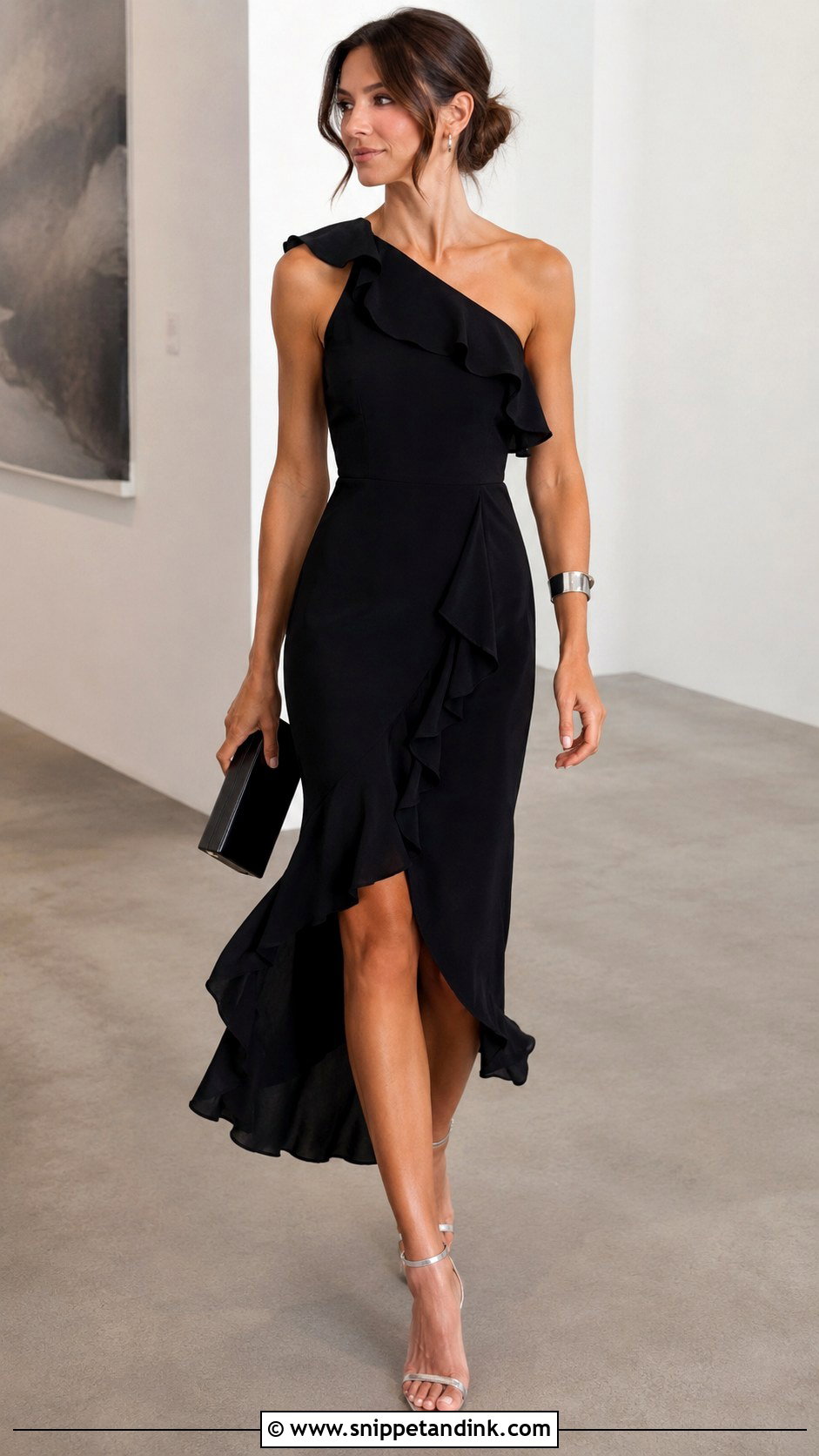 Black Ruffle Asymmetrical Dress Outfit - Snippet and Ink - 20 Black Wedding Attire Ideas