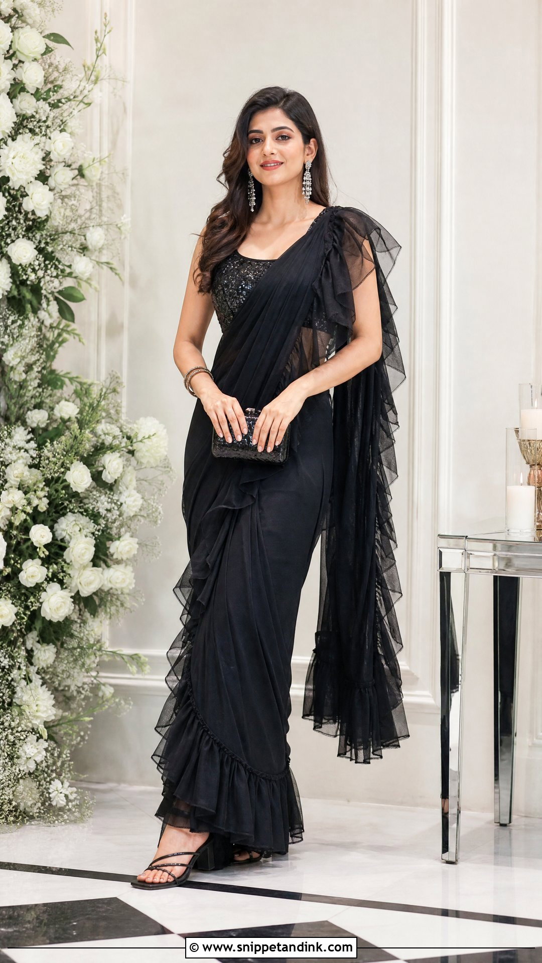Black Ruffle Saree For Sangeet - Snippet and Ink - 25 Black Sangeet Outfit Ideas