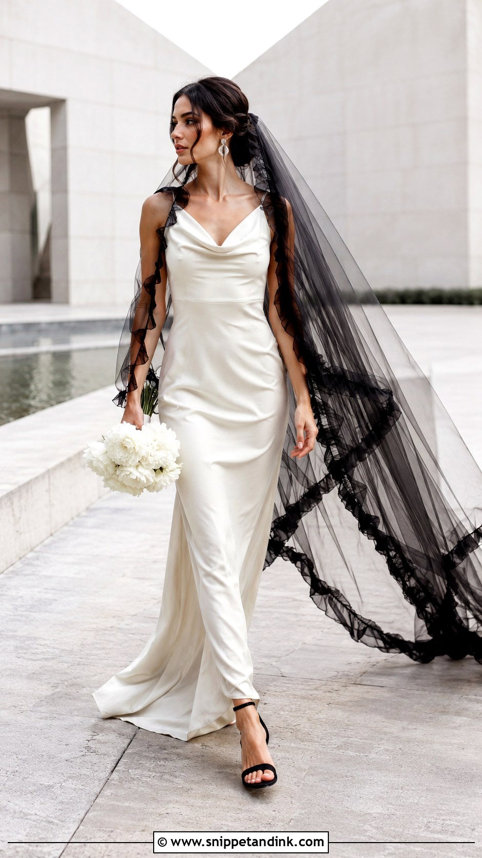 Black Ruffle Veil With Column Wedding Dress - Snippet and Ink - 20 Black Vail Bride Ideas