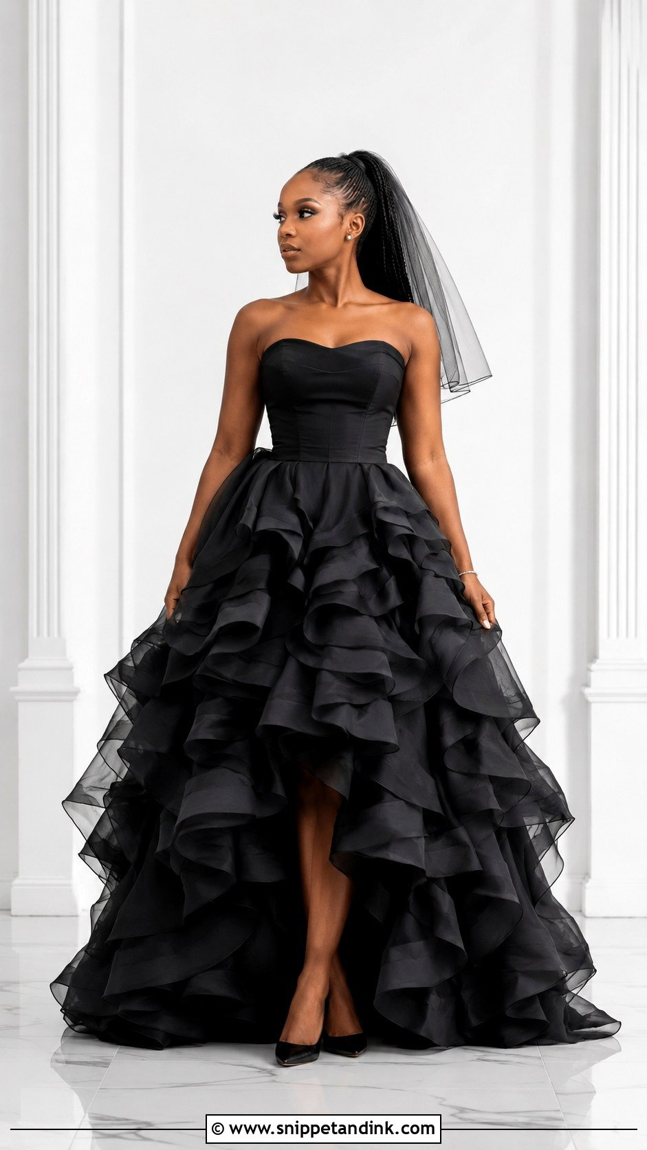 Black Ruffled Ballgown Wedding Dress With Simple Accessories - Snippet and Ink - 20 Ballgown Wedding Dress Black Woman Ideas