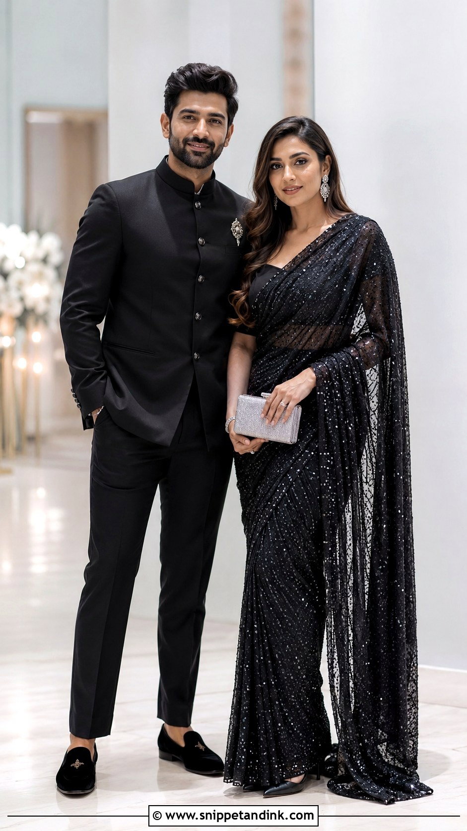 Black Saree And Black Bandhgala Desi Couple Outfit - Snippet and Ink - 20 Desi Couple Outfits
