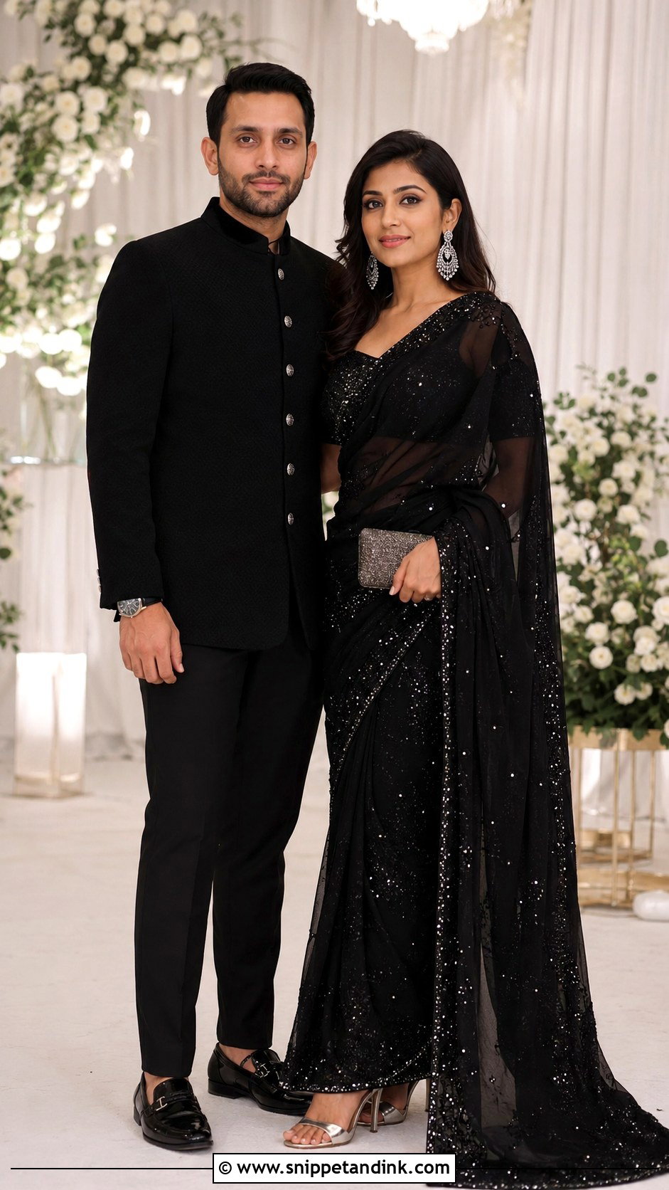 Black Saree And Black Bandhgala Indian Wedding Outfit - Snippet and Ink - 20 Indian Wedding Matching Outfits