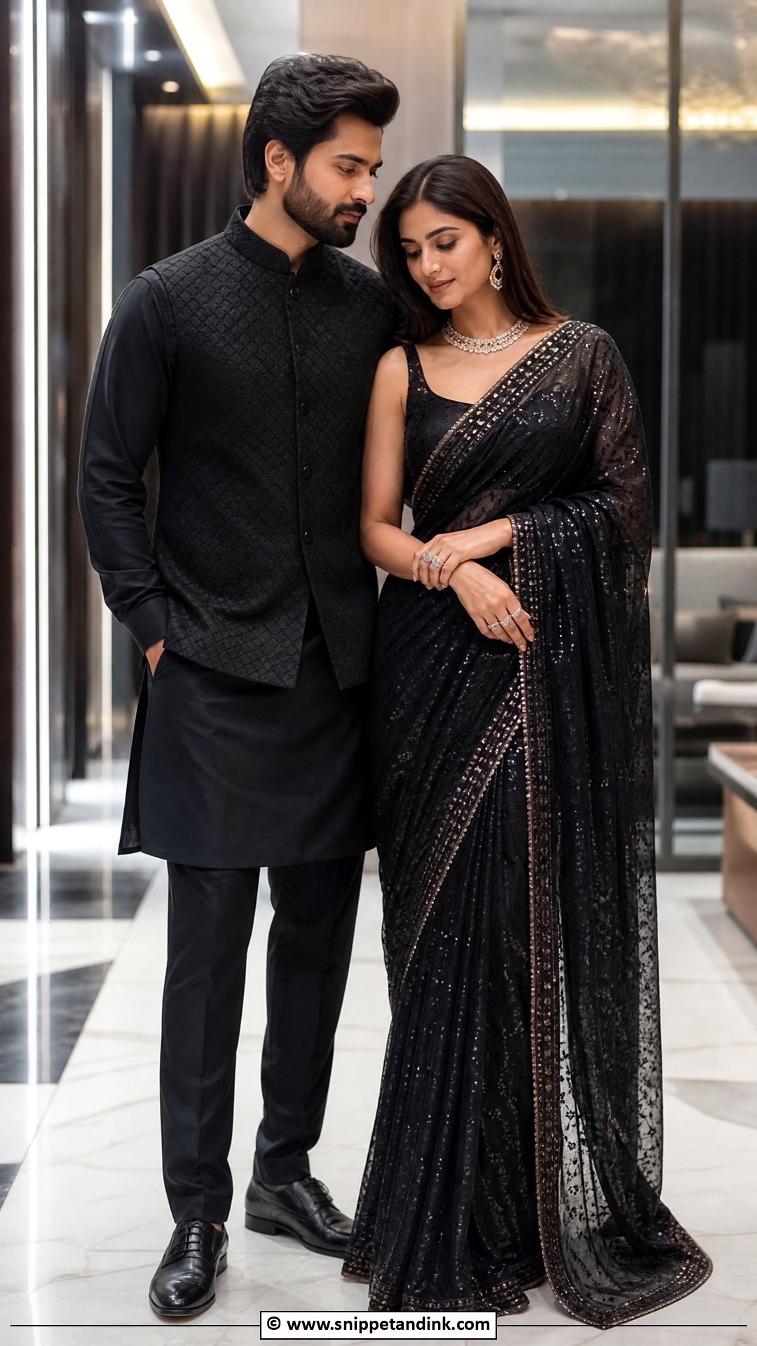 Black Saree And Black Kurta - Snippet and Ink - 35 Indian Couple Matching Dress Ideas