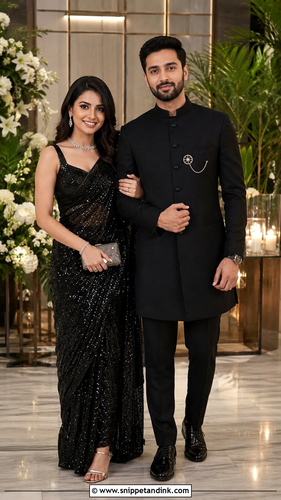 Black Saree And Black Sherwani Couple Outfit - Snippet and Ink - 20 Couple Matching Indian Outfits