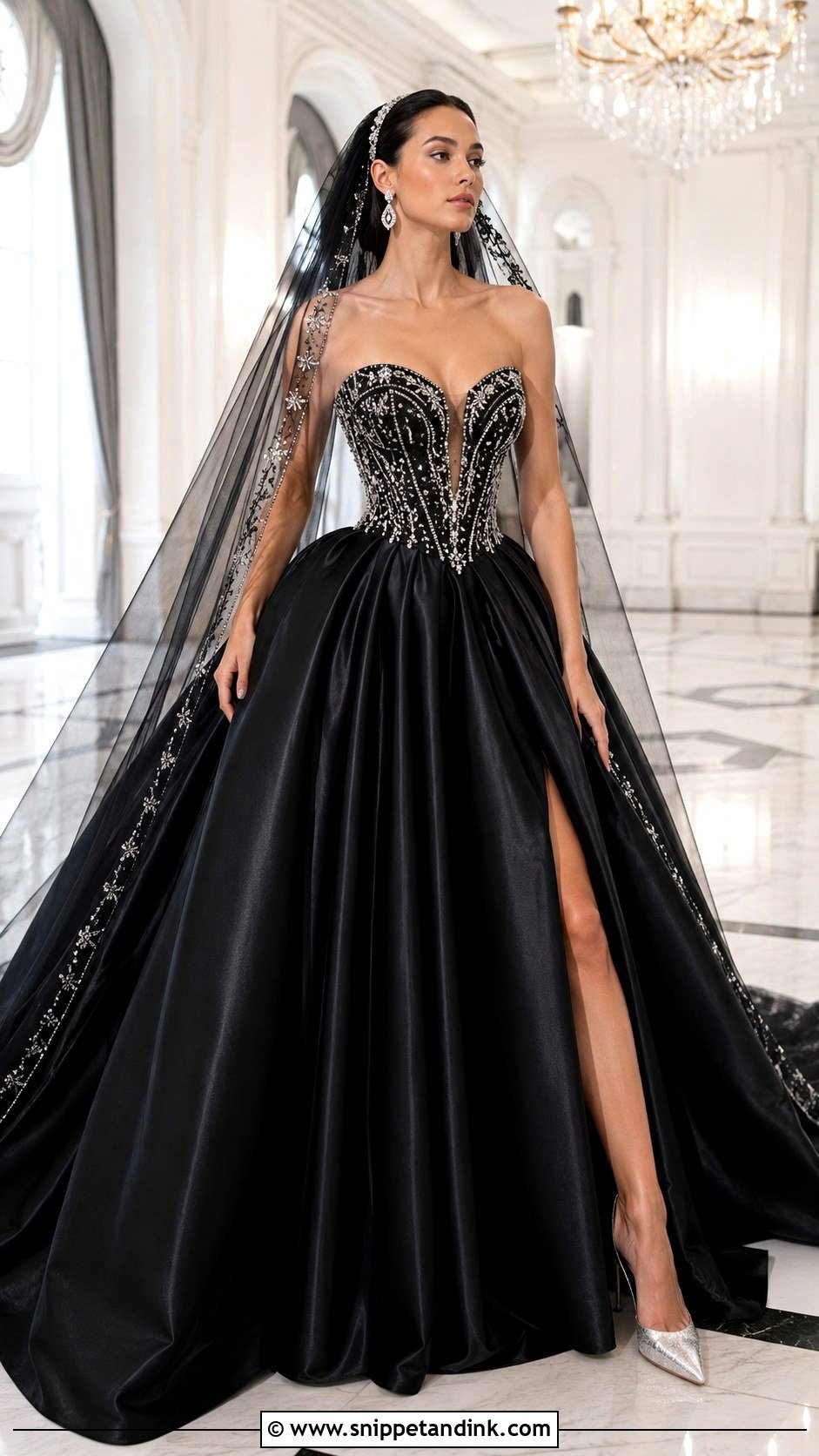 Black Satin Ball Gown With Silver Beading - Snippet and Ink - 20 Black and Silver Wedding Dress Ideas