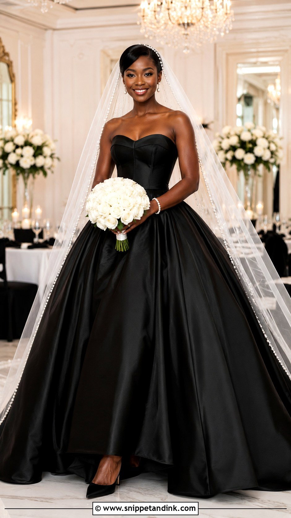 Black Satin Ballgown Wedding Dress With Pearl Accessories - Snippet and Ink - 20 Ballgown Wedding Dress Black Woman Ideas