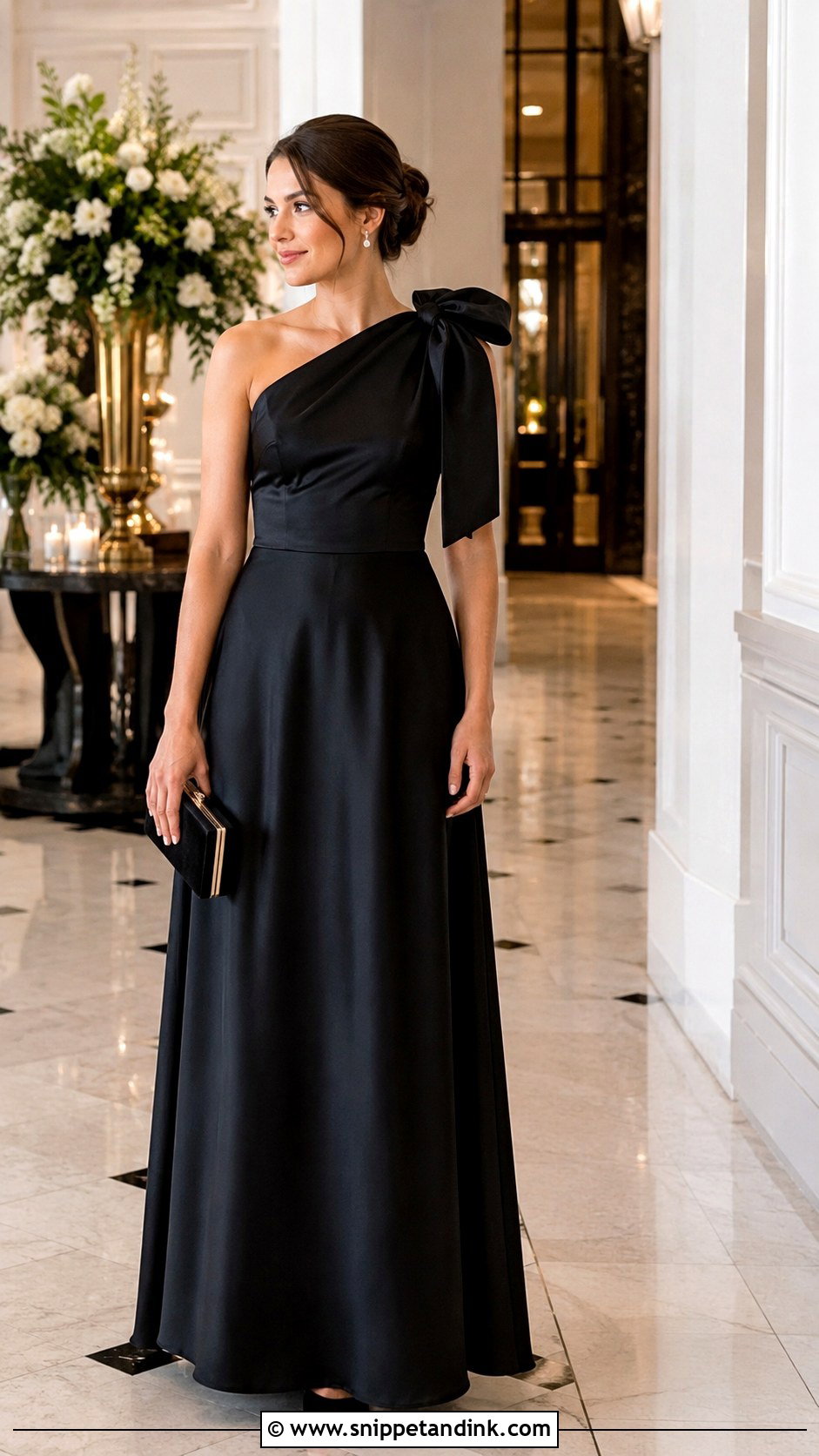 Black Satin Bow Shoulder Bridal Party Dress - Snippet and Ink - 20 Bridal Party Black Dresses