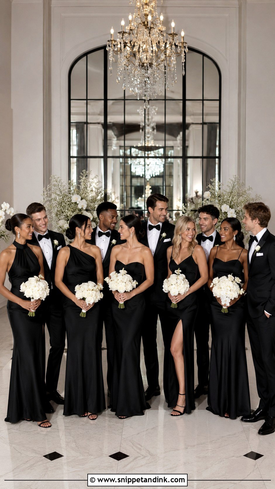 Black Satin Bridesmaid Dresses And Classic Tuxedos - Snippet and Ink - 20 Black and White Wedding Party Attire Ideas