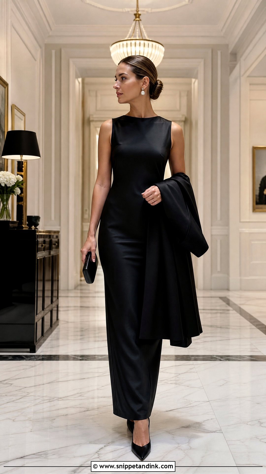 Black Satin Column Dress Wedding Outfit - Snippet and Ink - 20 Old Money Wedding Outfit Ideas