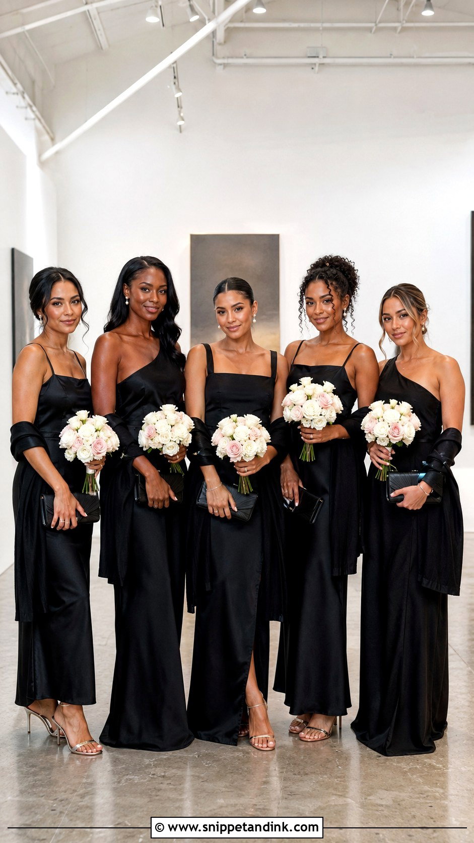 Black Satin Fall Bridal Party Gowns - Snippet and Ink - 20 Fall Bridal Party Ideas