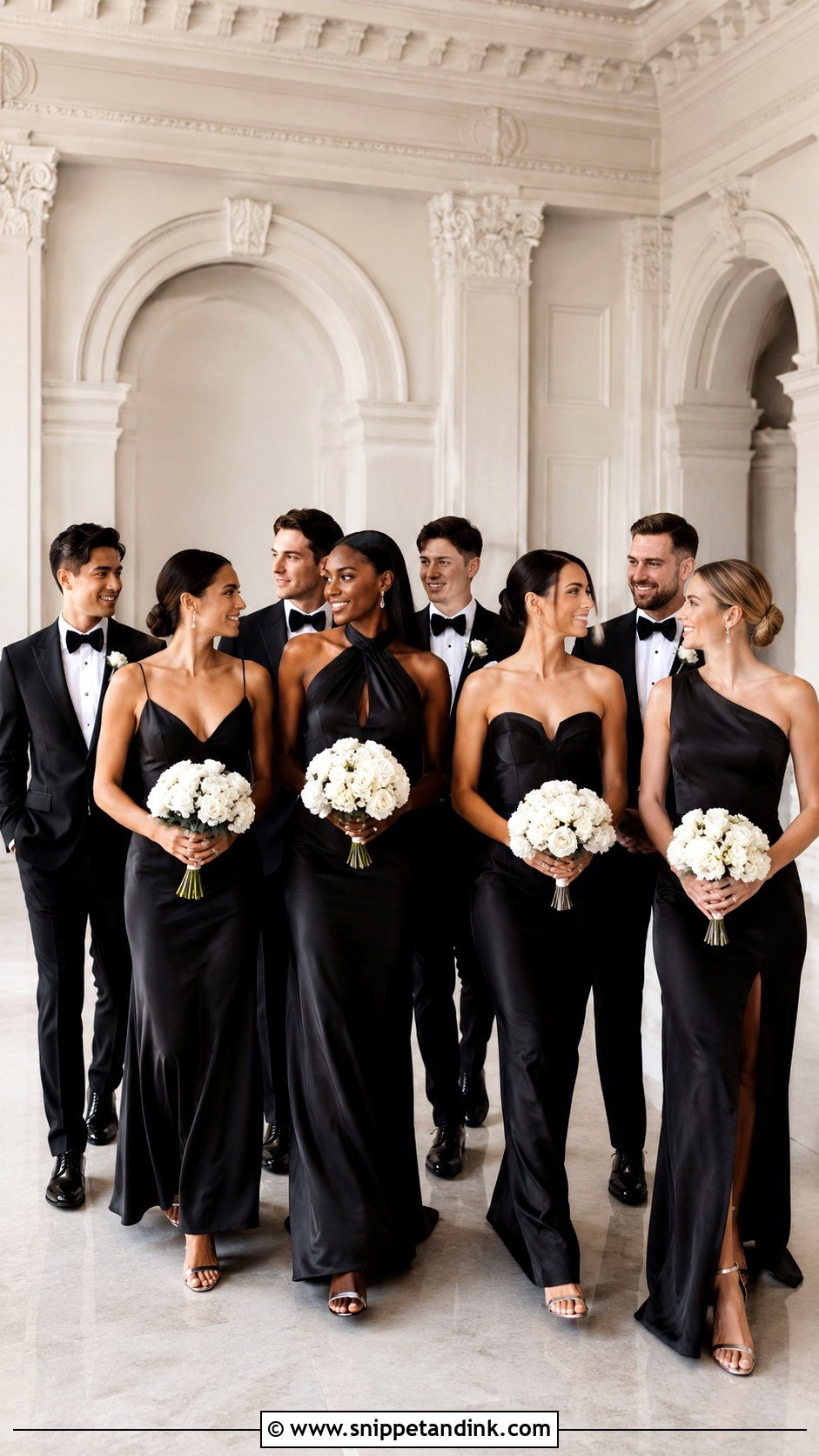 Black Satin Gown Black Tie Bridal Party - Snippet and Ink - 20 Black Tie Bridal Party Ideas