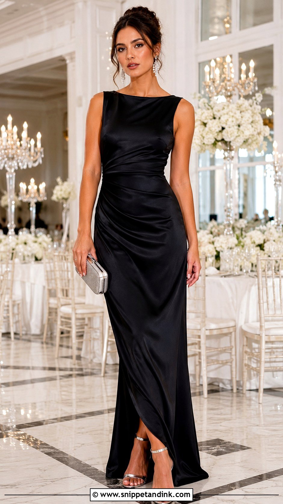 Black Satin Gown Wedding Guest Outfit - Snippet and Ink - 20 Elegant Wedding Outfit Ideas