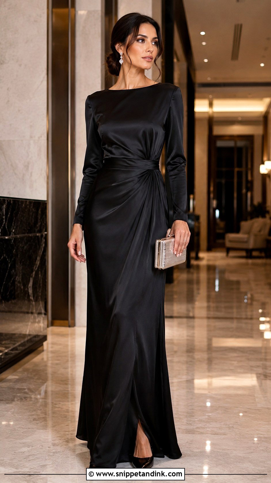 Black Satin Long Sleeve Gown - Snippet and Ink - 20 Elegant Long Sleeve Gown Ideas