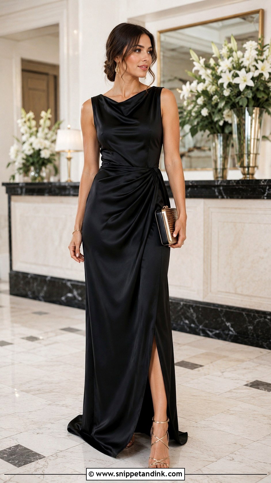 Black Satin Maxi Dress Outfit - Snippet and Ink - 20 Black Wedding Party Attire Ideas