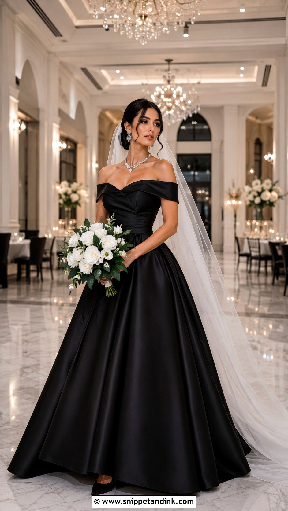 Black Satin Off Shoulder Wedding Dress - Snippet and Ink - 20 Dark Fairytale Wedding Dress Ideas