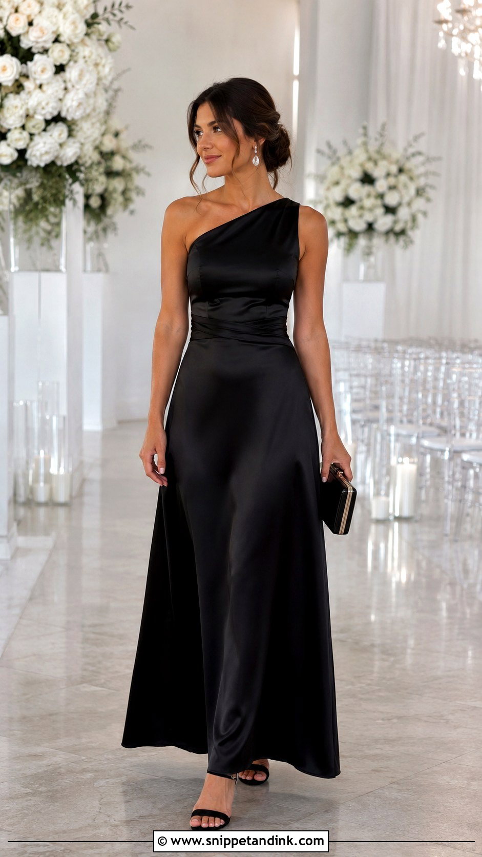 Black Satin One Shoulder Bridal Party Dress - Snippet and Ink - 20 Bridal Party Black Dresses