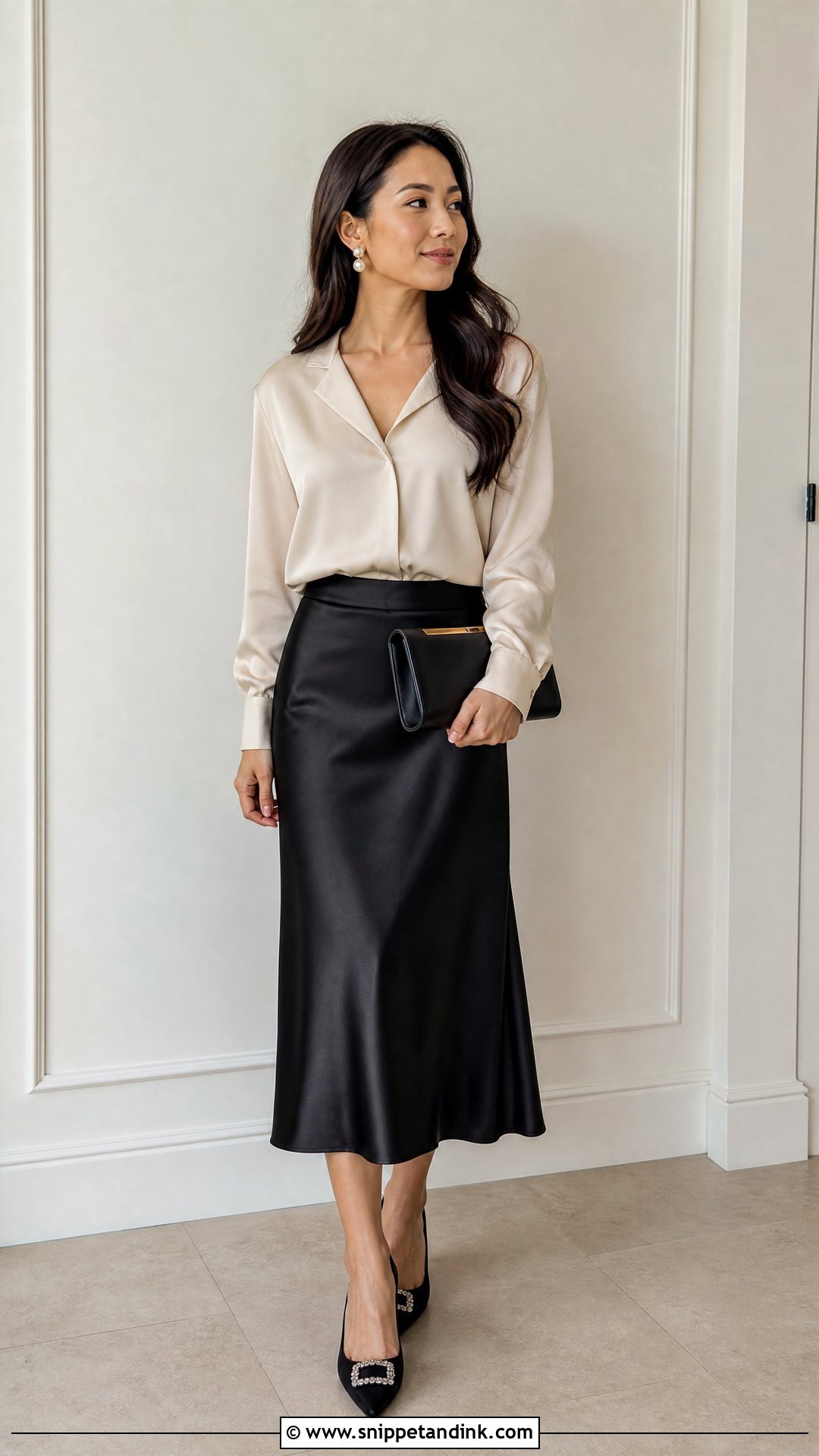 Black Satin Skirt With Cream Blouse - Snippet and Ink - 25 Classy Satin Skirt Wedding Outfit Ideas