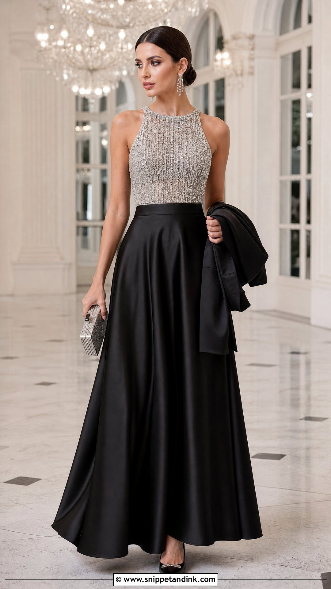 Black Satin Skirt With Silver Sleeveless Top - Snippet and Ink - 20 Satin Skirt Wedding Outfit Ideas