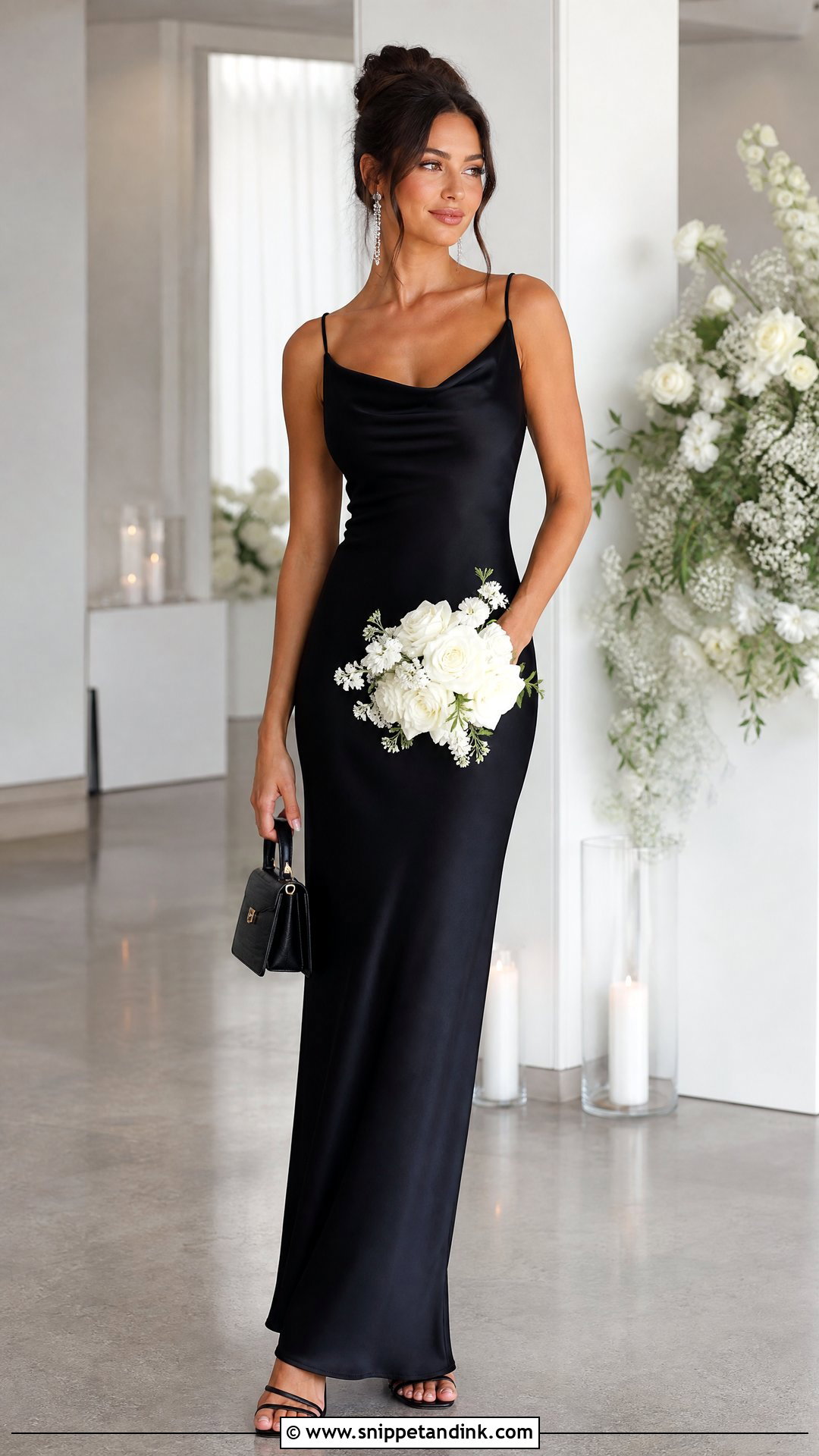 Black Satin Slip Bridesmaid Dress - Snippet and Ink - 20 Black Bridal Party Dress Ideas