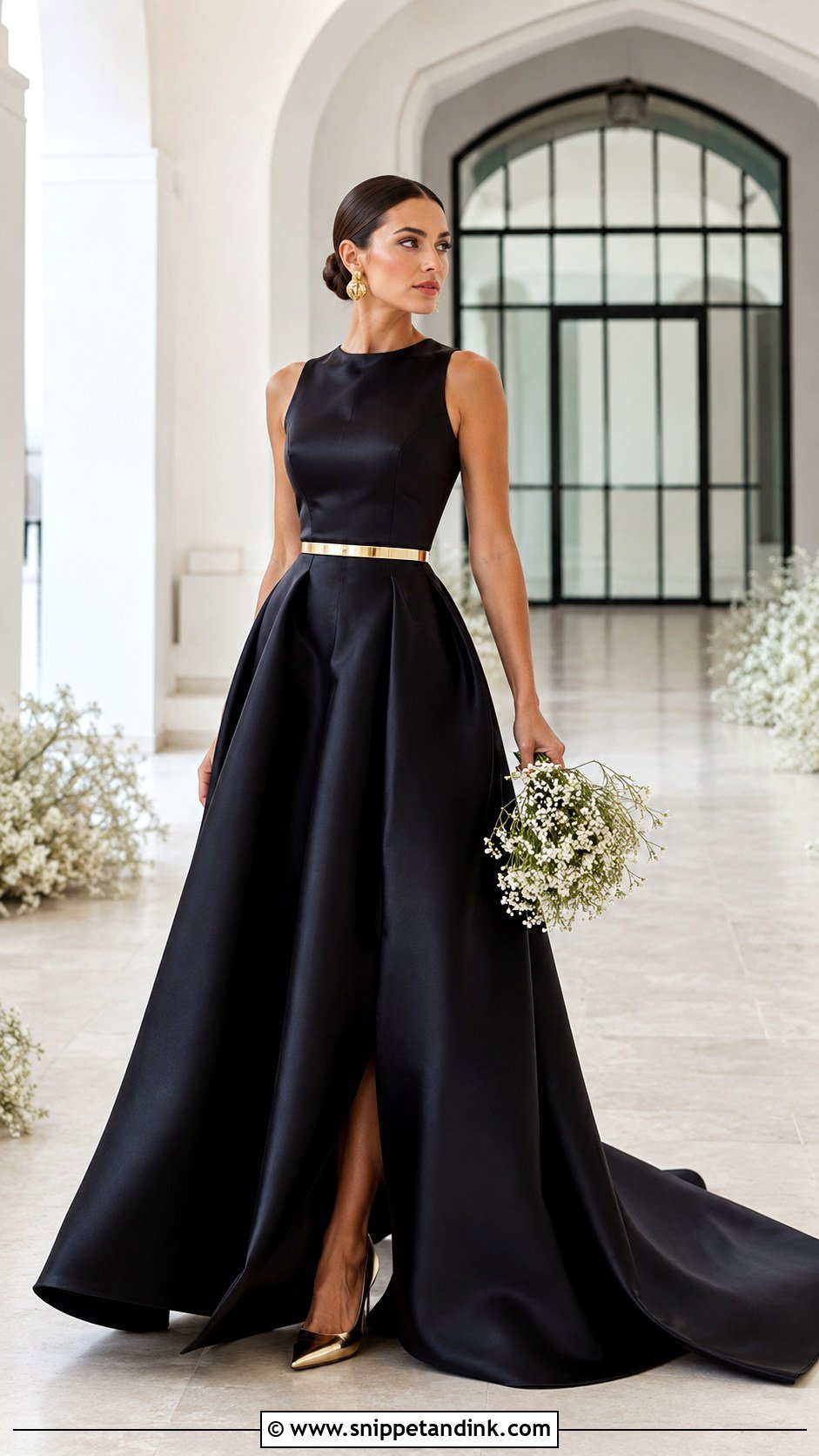 Black Satin Wedding Dress With Gold Belt - Snippet and Ink - 25 Black and Gold Wedding Dress Ideas
