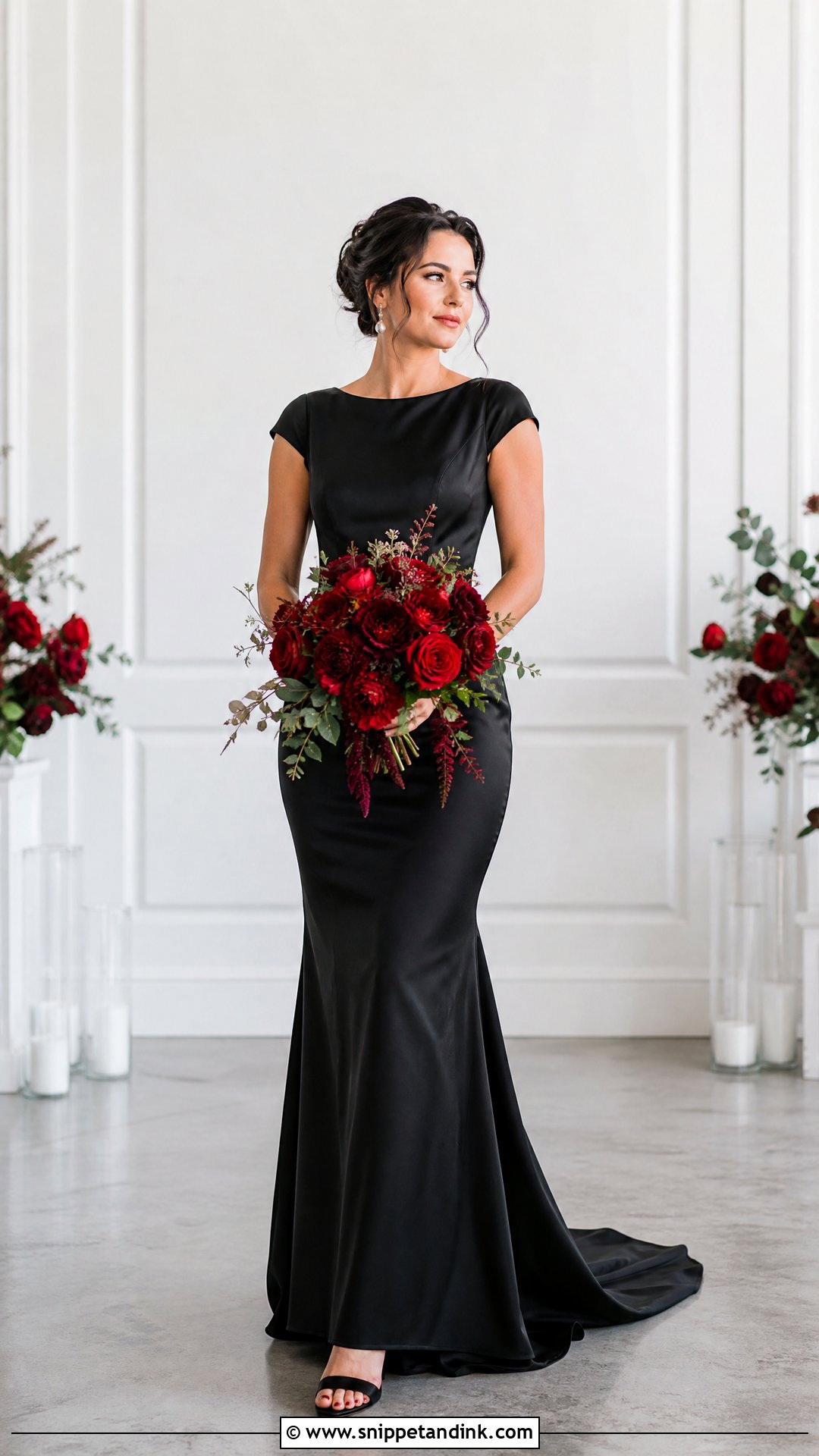 Black Satin Wedding Dress With Red Bouquet - Snippet and Ink - 25 Red and Black Wedding Dress Ideas