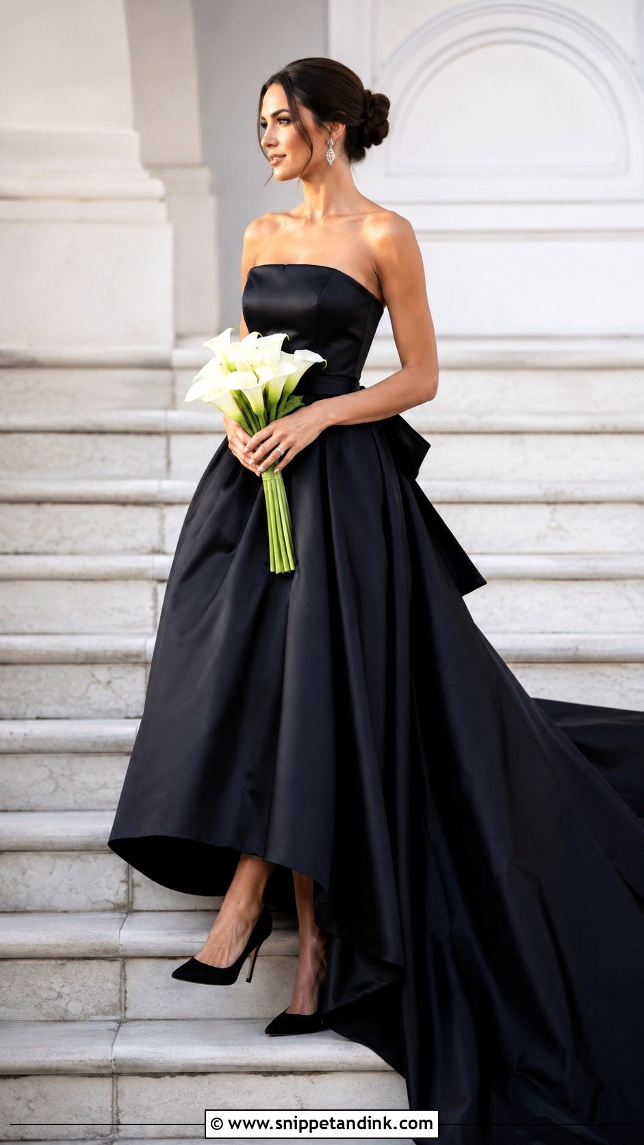 Black Satin Wedding Dress on Marble Steps - Snippet and Ink - 20 Black Wedding Dress Photoshoot Ideas
