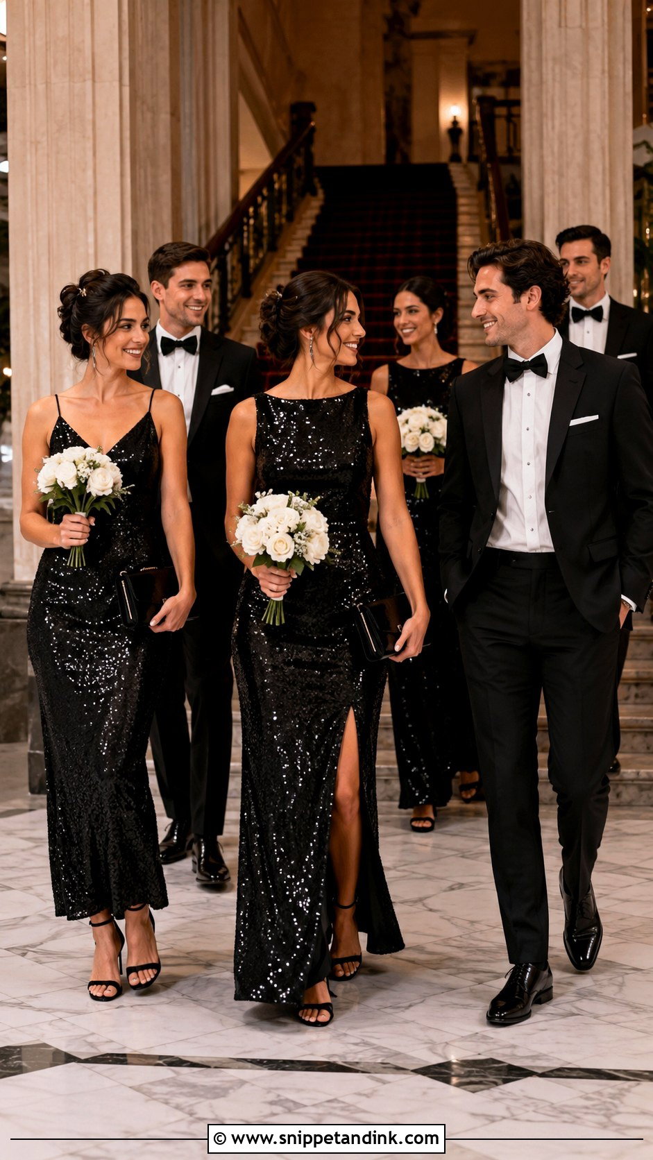 Black Sequin Dresses And Matte Black Tuxedos - Snippet and Ink - 20 Black and White Wedding Party Attire Ideas