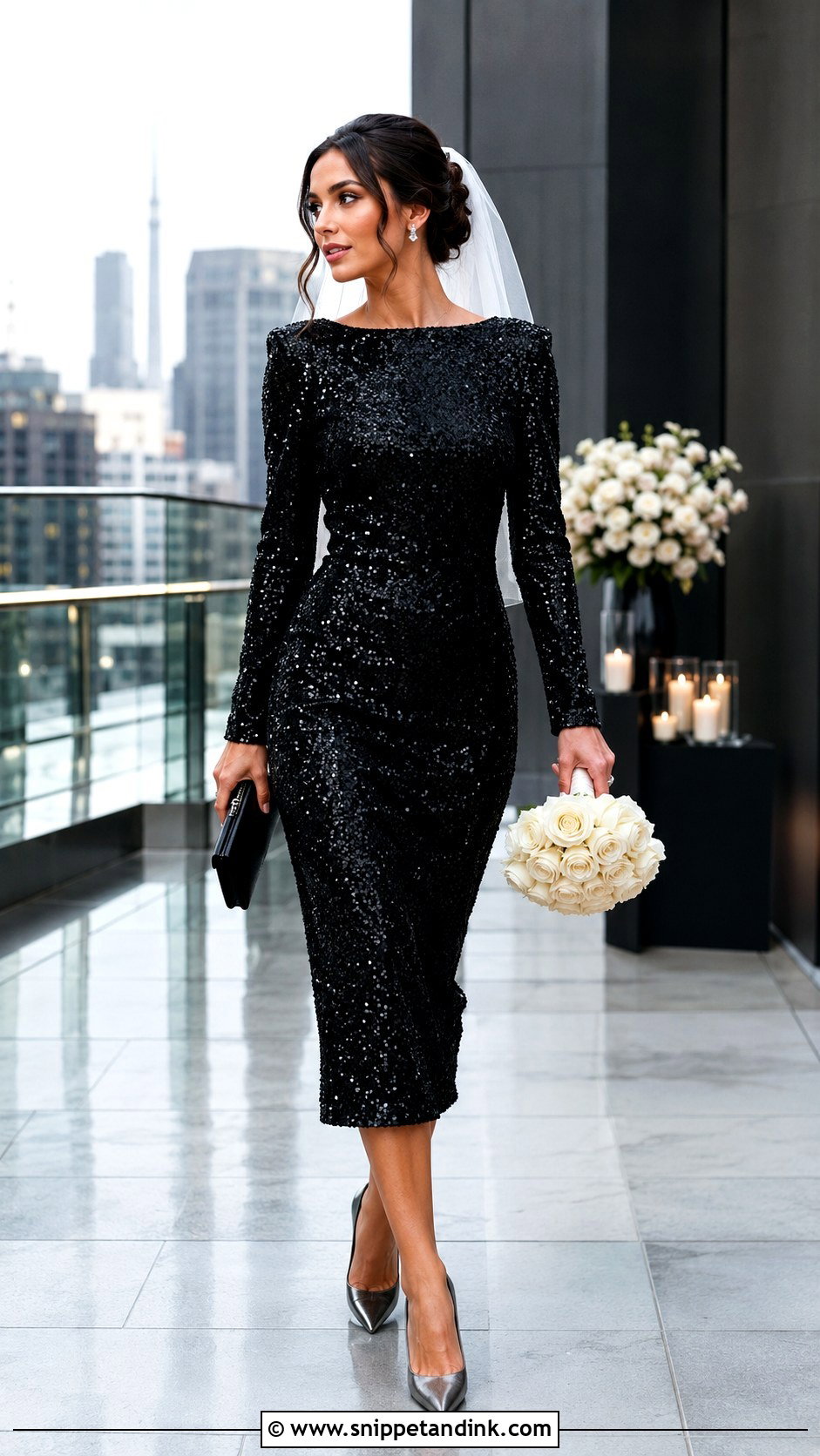 Black Sequin Elopement Dress With Metallic Heels - Snippet and Ink - 20 Black Elopement Dress Ideas