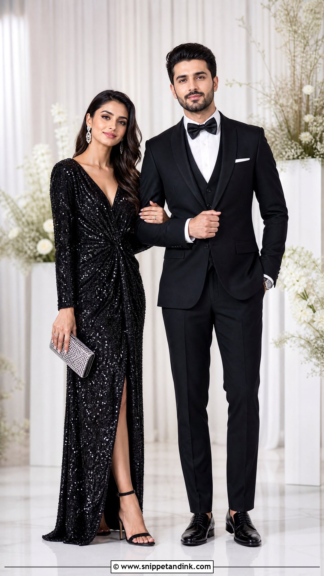 Black Sequin Gown And Black Tuxedo - Snippet and Ink - 20 Ring Ceremony Couple Dress Ideas