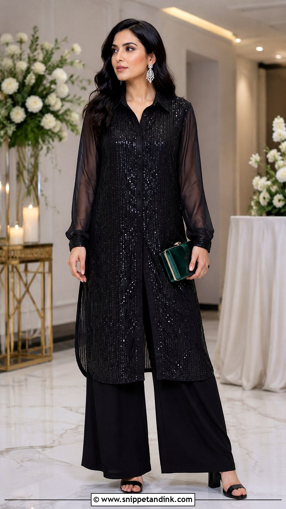 Black Sequin Long Shirt Palazzo Wedding Outfit - Snippet and Ink - 20 Long Shirt with Plazo Wedding Dress Ideas