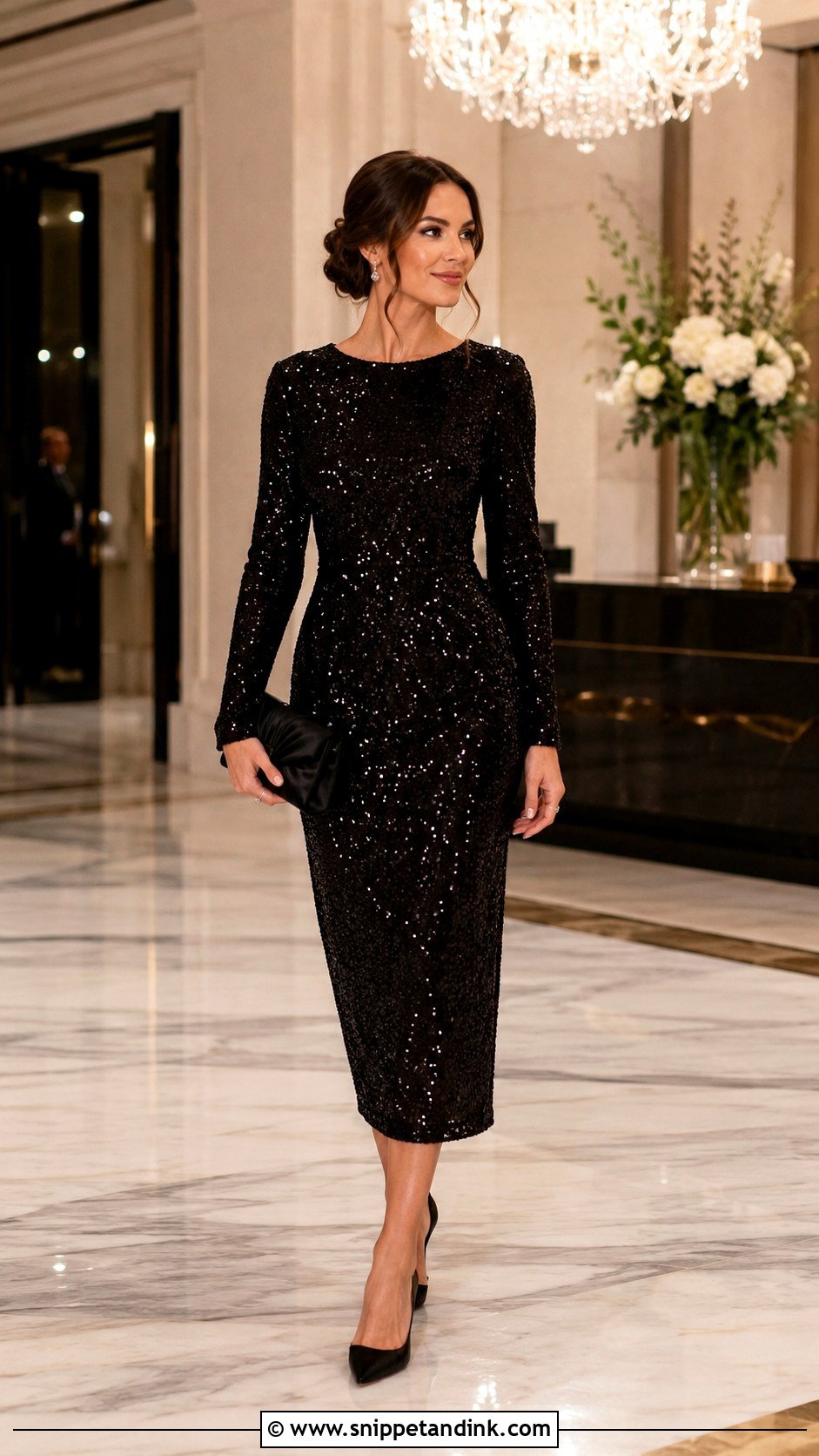 Black Sequin Midi Dress Outfit - Snippet and Ink - 20 Black Wedding Party Attire Ideas