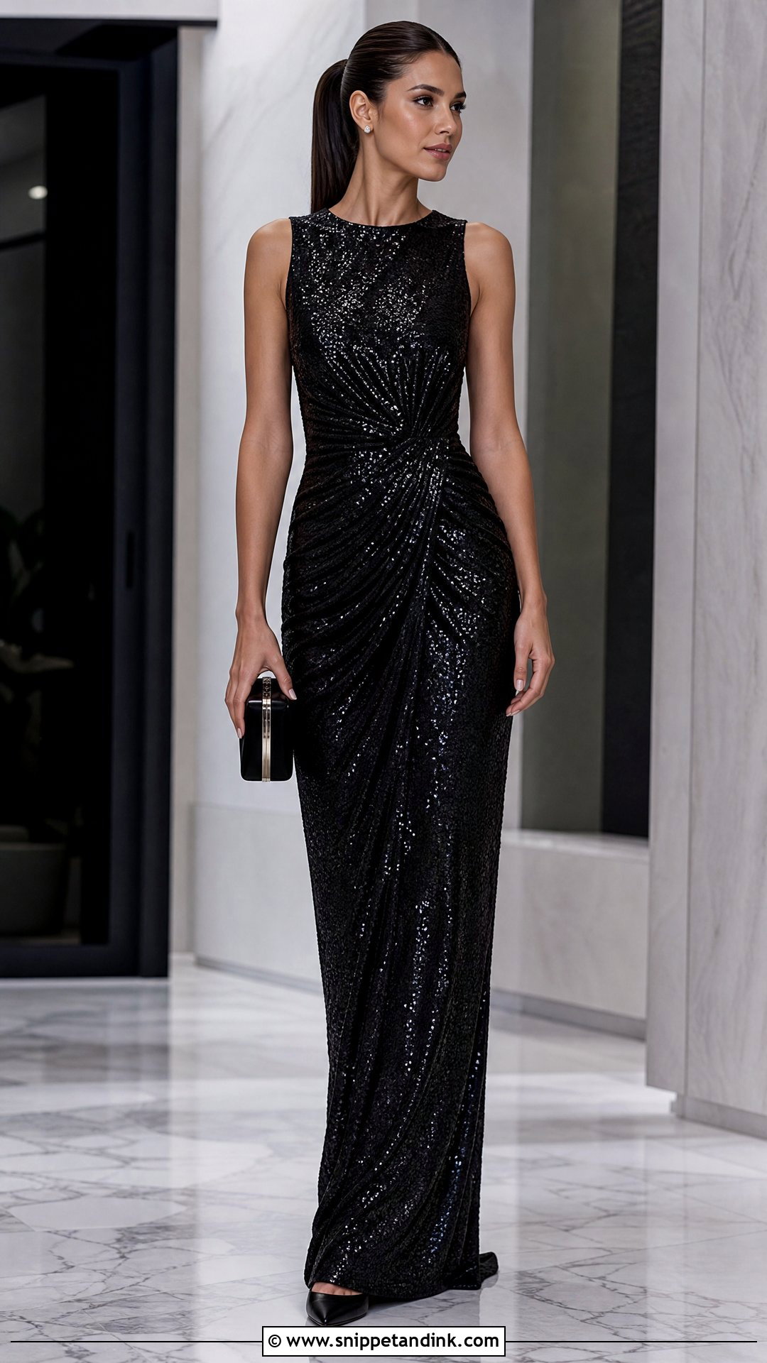 Black Sequin Ruched Gown - Snippet and Ink - 20 Ruched Gown Ideas