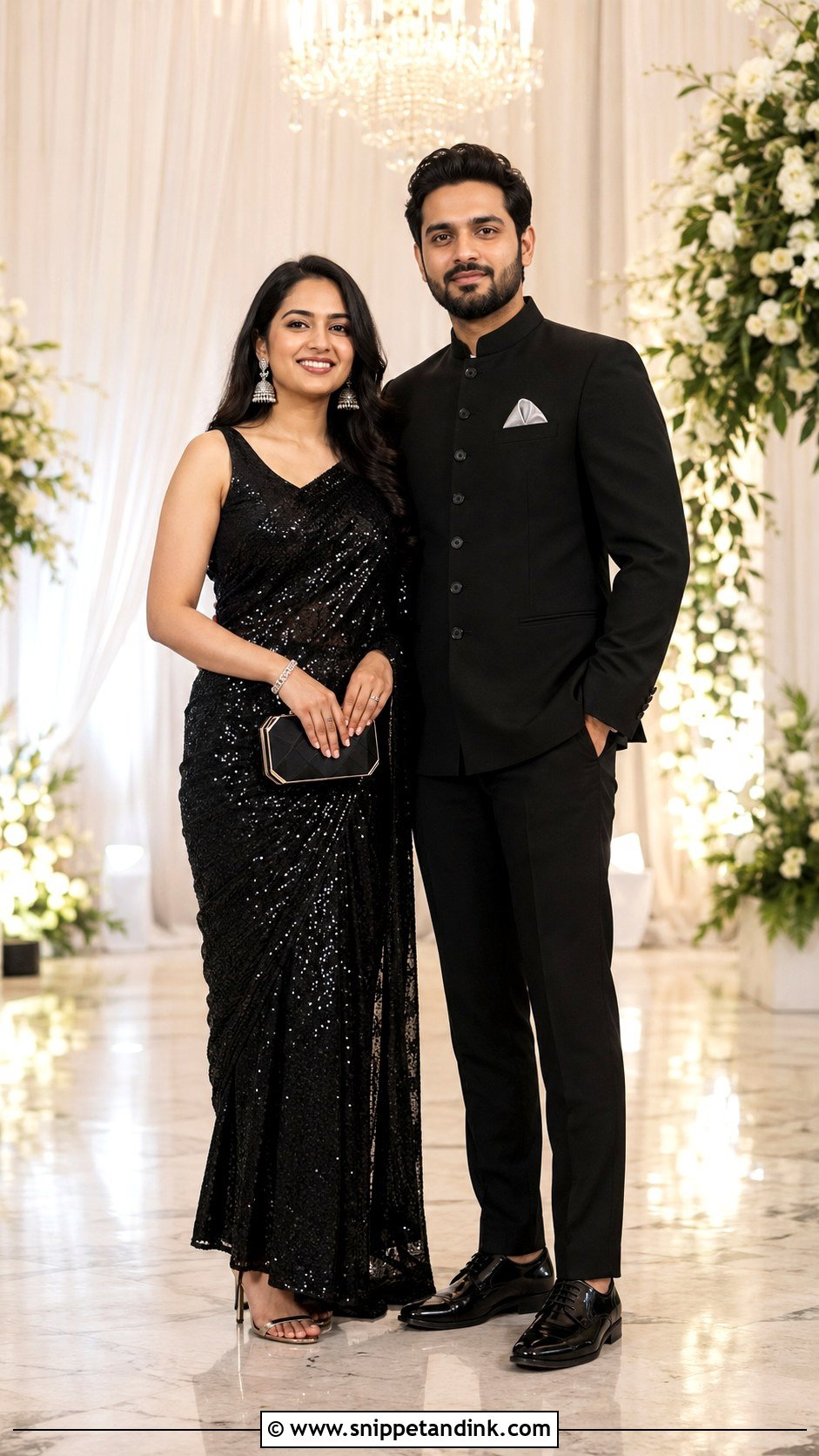 Black Sequin Saree And Black Bandhgala - Snippet and Ink - 20 Couple Matching Outfits Indian Wedding