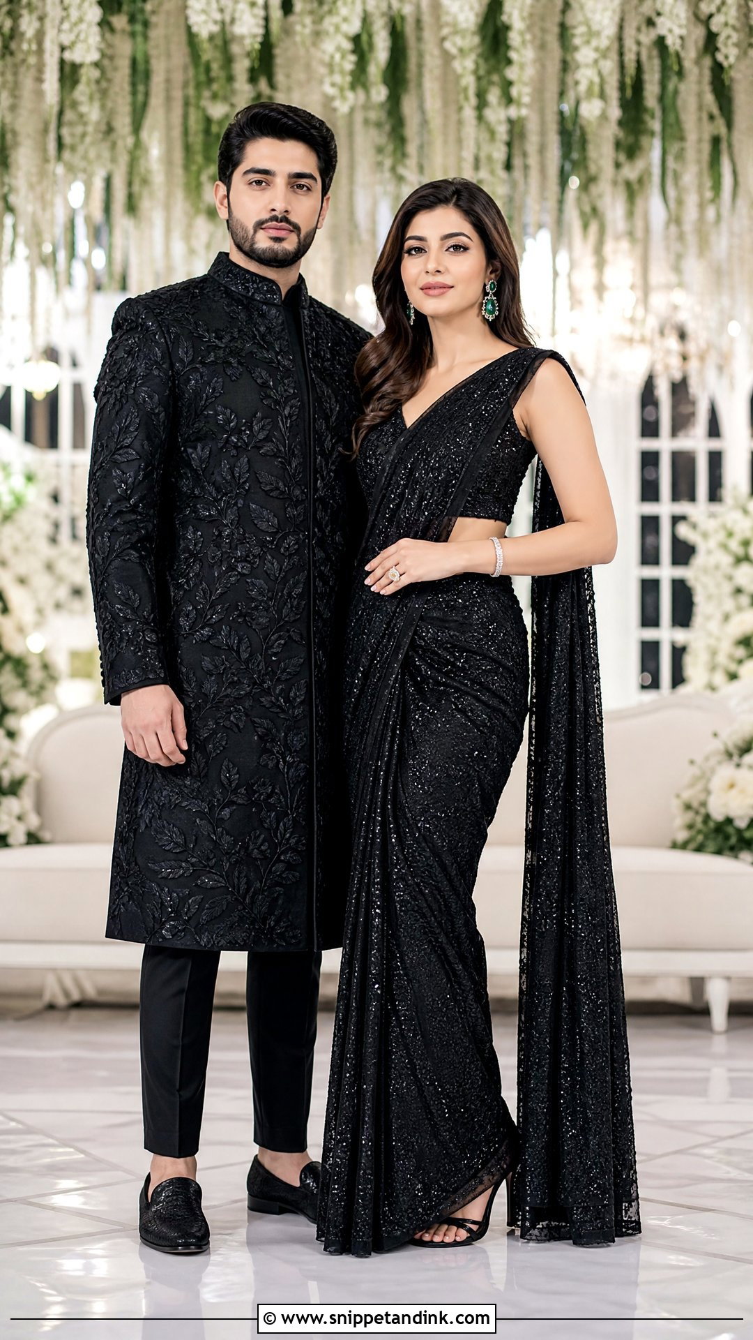 Black Sequin Saree And Embroidered Sherwani Sangeet Couple Outfit - Snippet and Ink - 25 Sangeet Couple Outfits