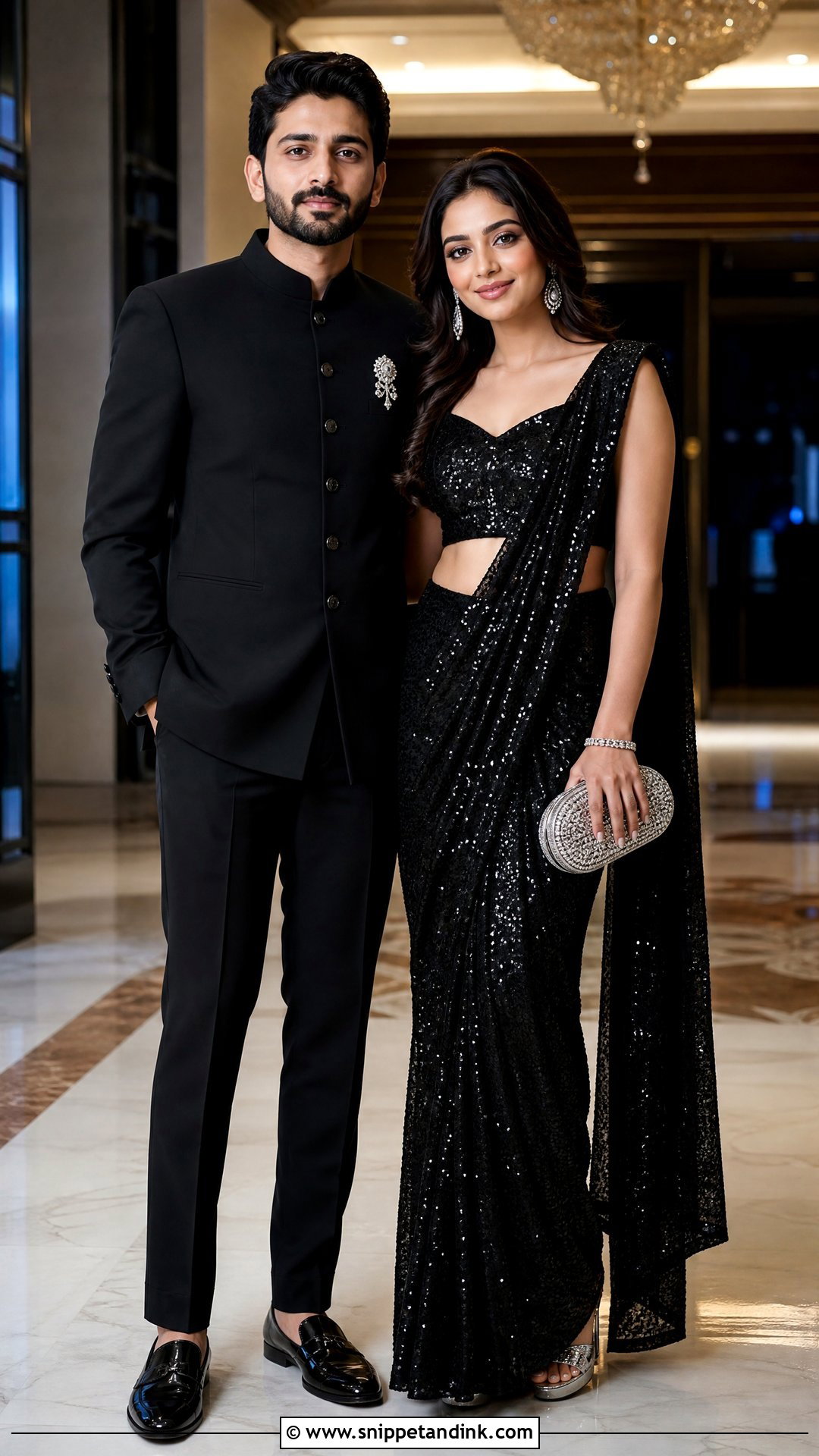 Black Sequin Saree And Jodhpuri Suit Sangeet Couple Outfit - Snippet and Ink - 20 Sangeet Outfit for Couple Ideas