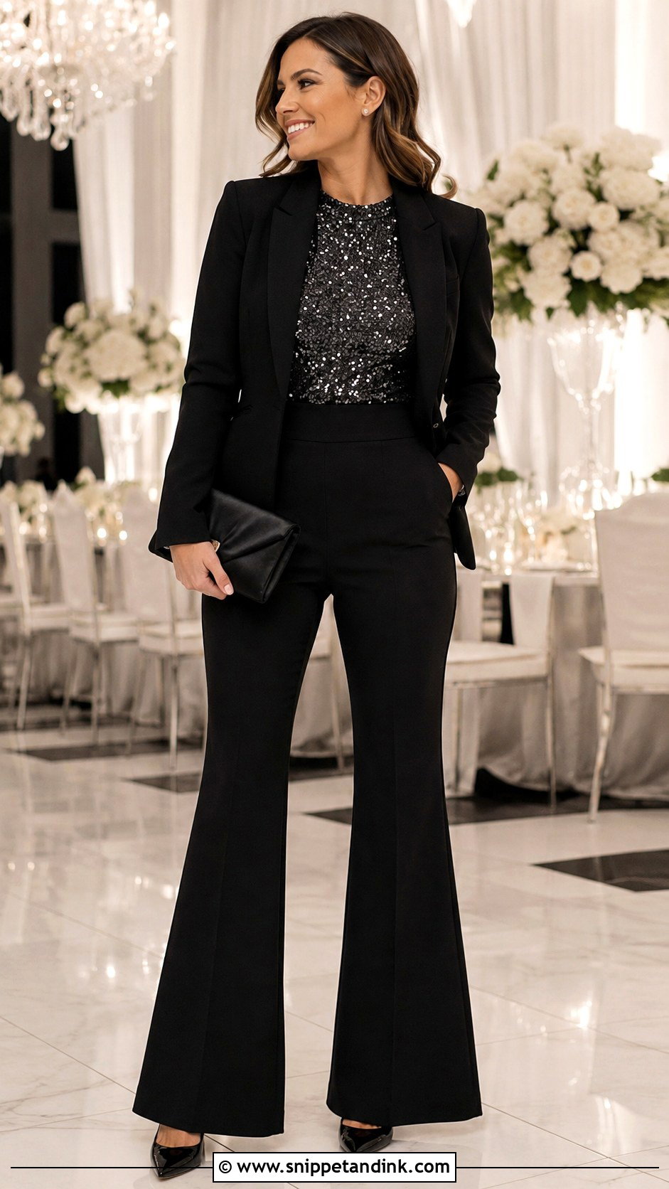 Black Sequin Top And Pants Wedding Outfit - Snippet and Ink - 20 Formal Pants Outfit Wedding Ideas
