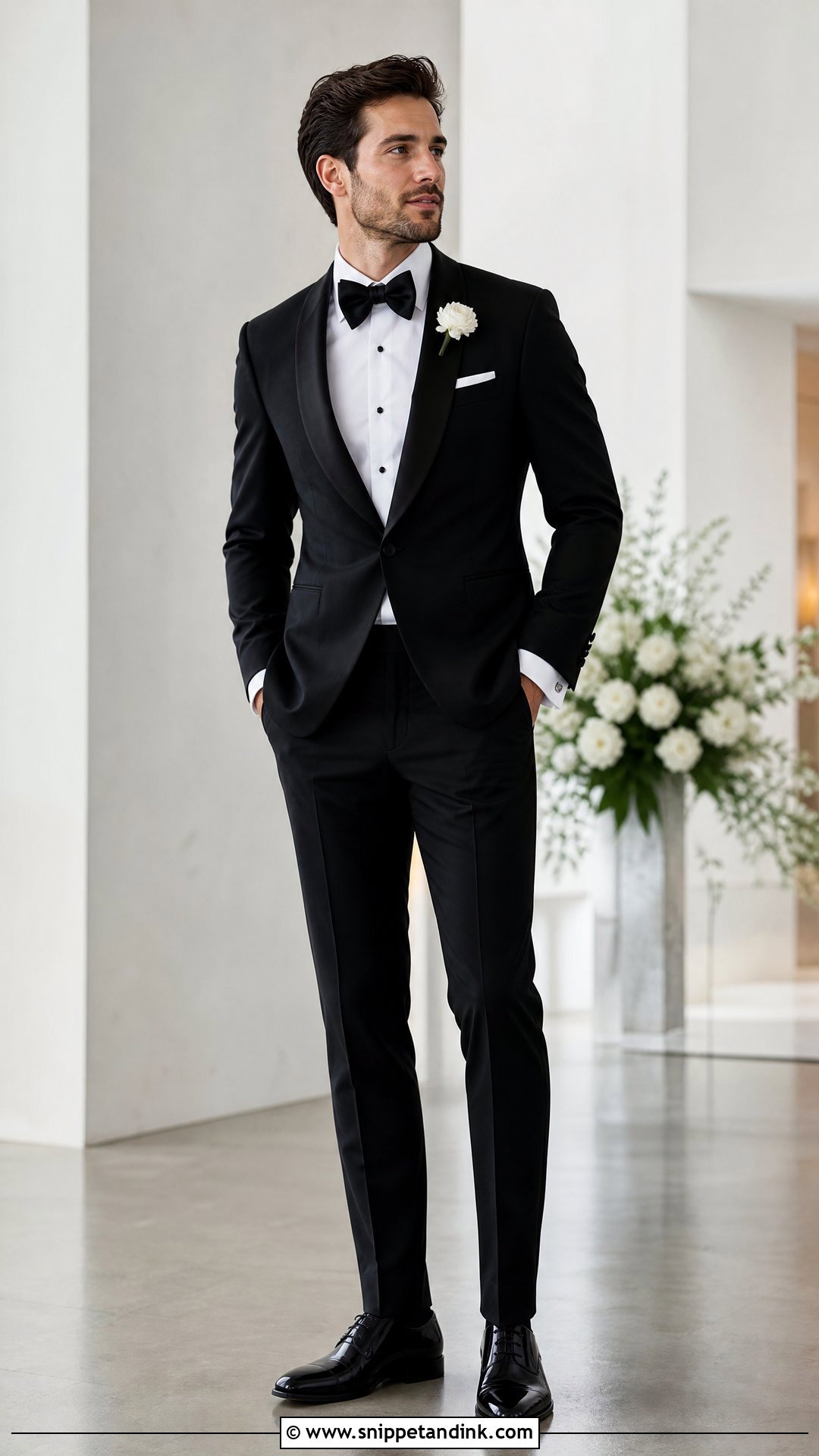 Black Shawl Collar Tuxedo With White Pocket Square - Snippet and Ink - 20 White and Black Tuxedo Wedding Ideas